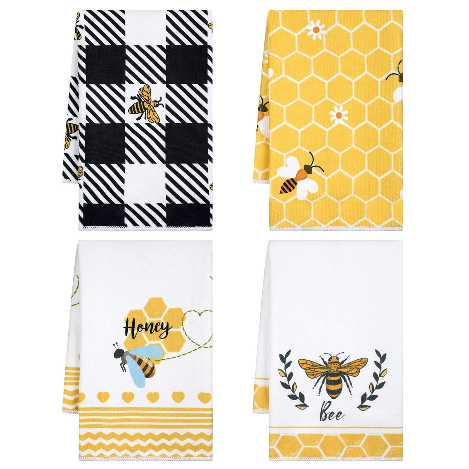 Tegeme 4 Pcs Bee Kitchen Tea Towel Honey Bee Dish Towels Honeycomb Bath Washcloth Hand Polyester Absorbent Cloths Accessories for Kitchen Decor, 16 x 24 Inch(Black Yellow,Honeycomb)