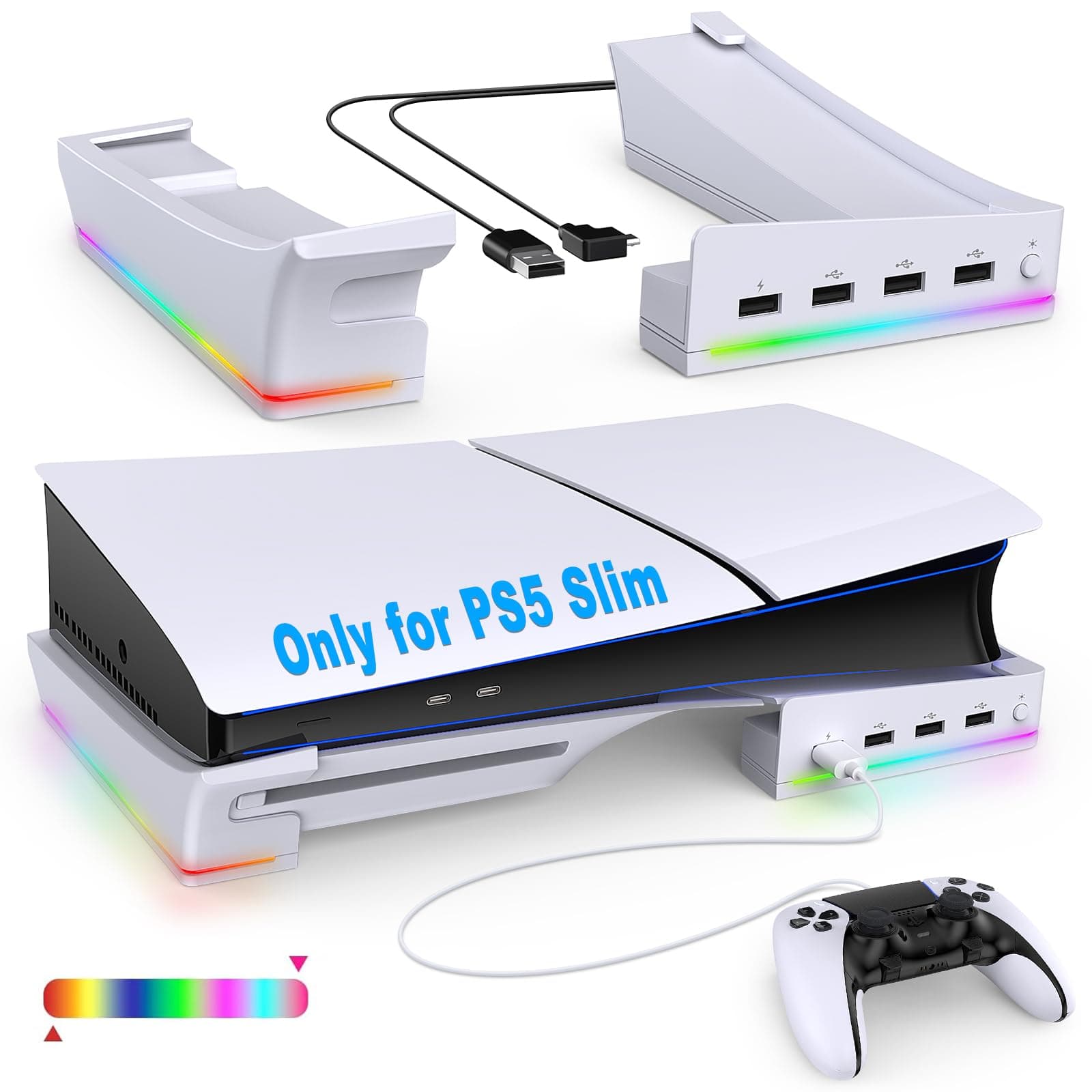 Horizontal Stand with RGB LED Light for PS5 Slim/PS5 Pro Console,Stand Holder Accessories with 14 Light Modes and 4-Port USB Ports for Sync&Charge,Non-Slip Base for Playstation 5 Slim Disc&Digital