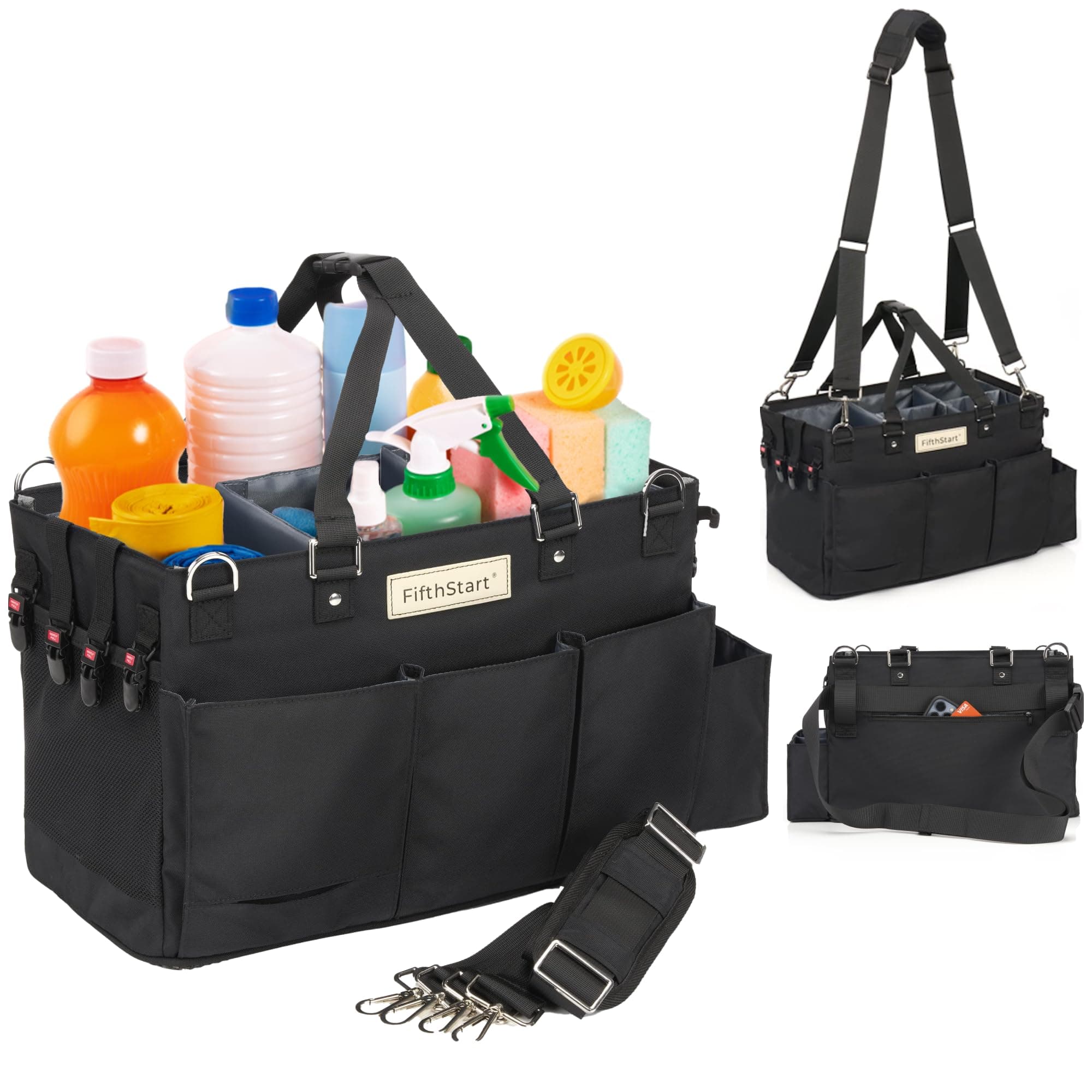 FifthStart Multiuse Cleaning Caddy w/Waist & Shoulder Strap - 9 Pockets Tote Bag for Housekeeping Gardening Fishing Bathroom Organizer Adjustable Compartments, Black Large Caddy Organizer with Handle