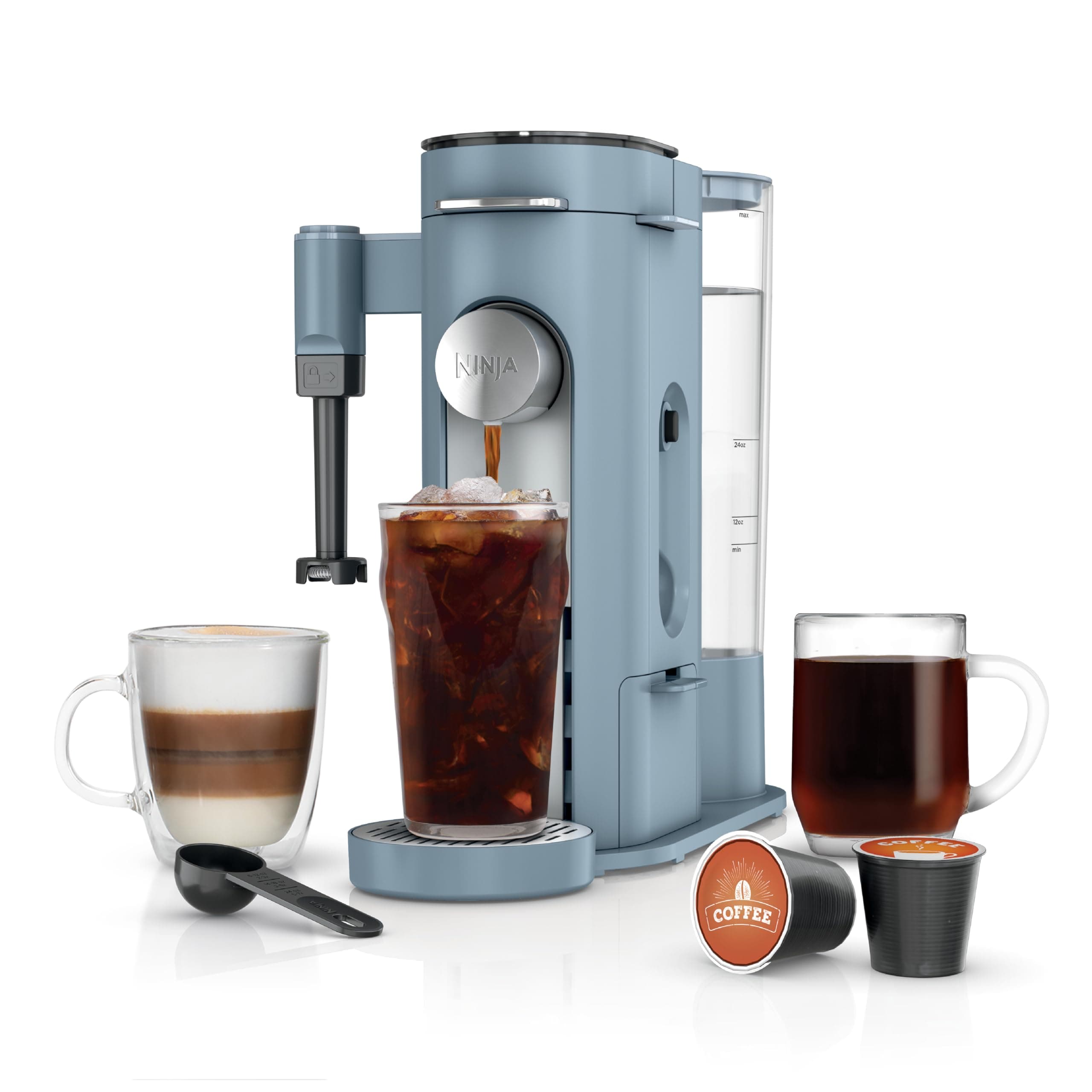 Ninja Pod & Grounds Specialty XL Single-Serve Coffee Maker K-Cup Pod Compatible Brews Grounds Compact Design Built-In Milk Frother 68-oz. Reservoir 6oz. Cup-24oz. Mug Sizes Denim Blue PB055ABL