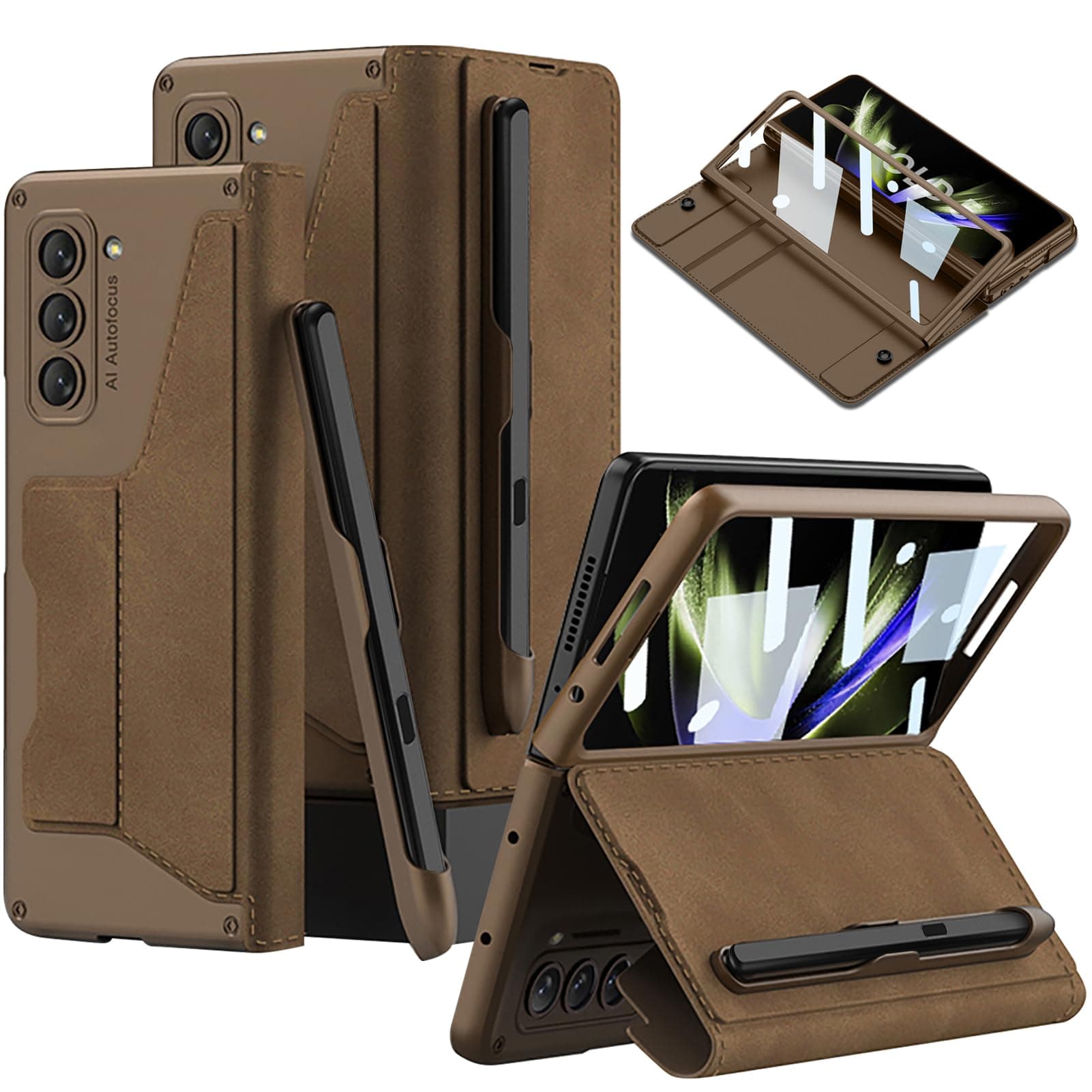 for Samsung Galaxy Z Fold 5 Case with [Fold5 Edition S-Pen Slot], Military Armor Cases Full Body Protective Anti-Scratch Hard Slim Leather Bracket Case with Screen Protector (Brown)