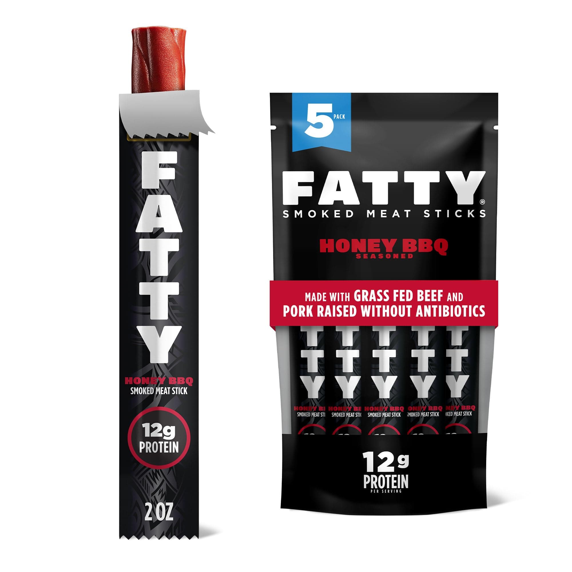 FATTY Meat Sticks, Made with Grass Fed Beef, Pork Raised Without Antibiotics, 12g Protein Per Stick, Honey BBQ, Easter Basket Stuffer for Men, 2 oz. (Pack of 5)