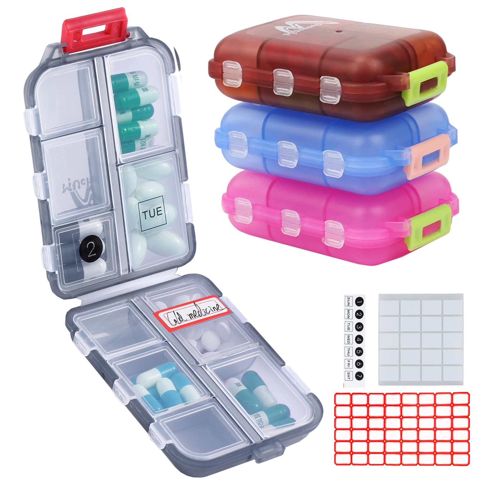 4 Pack Pill Case Portable Small Weekly Travel Pill Organizer Portable Pocket Pill Box Dispenser for Purse Vitamin Fish Oil Compartments Container Medicine Box