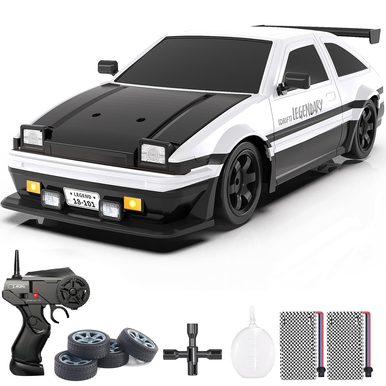 Mostop Remote Control Car 1/16 Scale 4WD RC Drift Car, 18KM/H High Speed Drifting RC Cars with LED Light Spray, 2 Batteries and Extra Tires, Hobby RC Sport Racing Cars Model Vehicle for Kids Adults