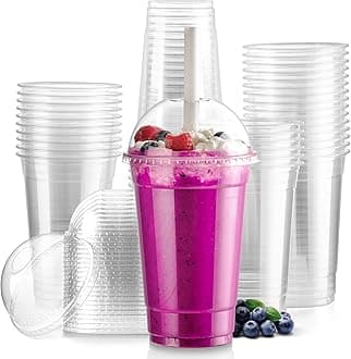 50 Pack 20 oz Disposable Plastic Coffee Cups with Dome Lids, To Go Iced Coffee Cups with Lids, BPA Free Clear Parfait Cups for Party, Smoothie, Bubble Boba, Juice, Frappuccino, Milkshake
