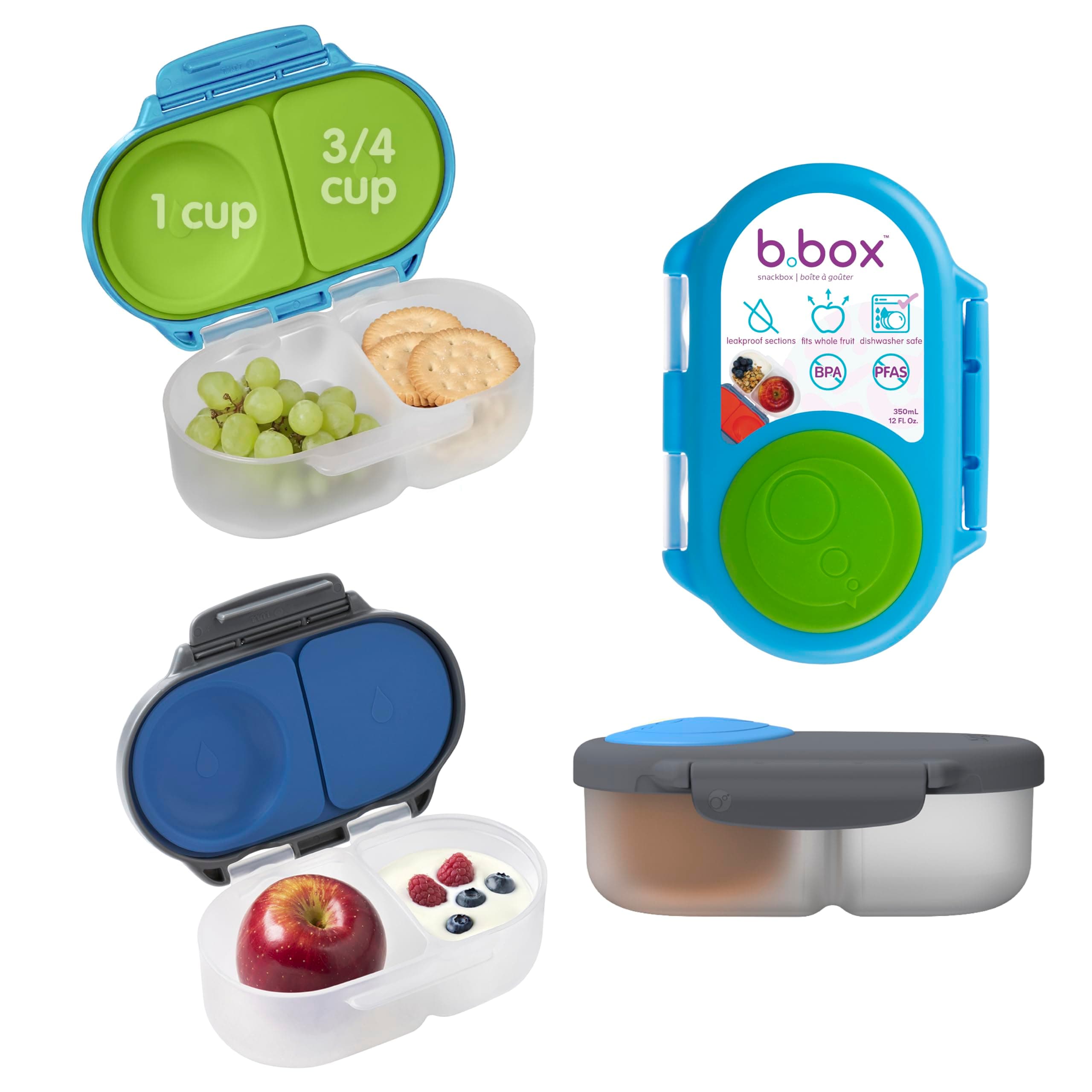 Snack Box 2 Pack - Leak Proof Mini Bento Box for Kids & Toddlers, 2 Compartment Snack Containers for Kids, Dishwasher Safe, BPA Free, PFAS Free, Ages 4m+, 1 3/4 Cup Each (Ocean Blue + Slate)