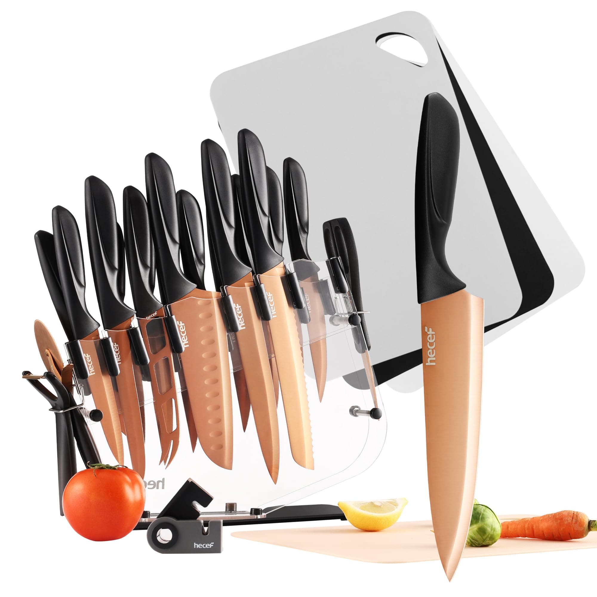 hecef 25 PCS Rose Gold Titanium Plated Kitchen Knife Set with Block and Cutting Mats, Sharp Serrated Steak Knives, Boning, Scissors, Sharpener, Peeler and Acrylic Stand