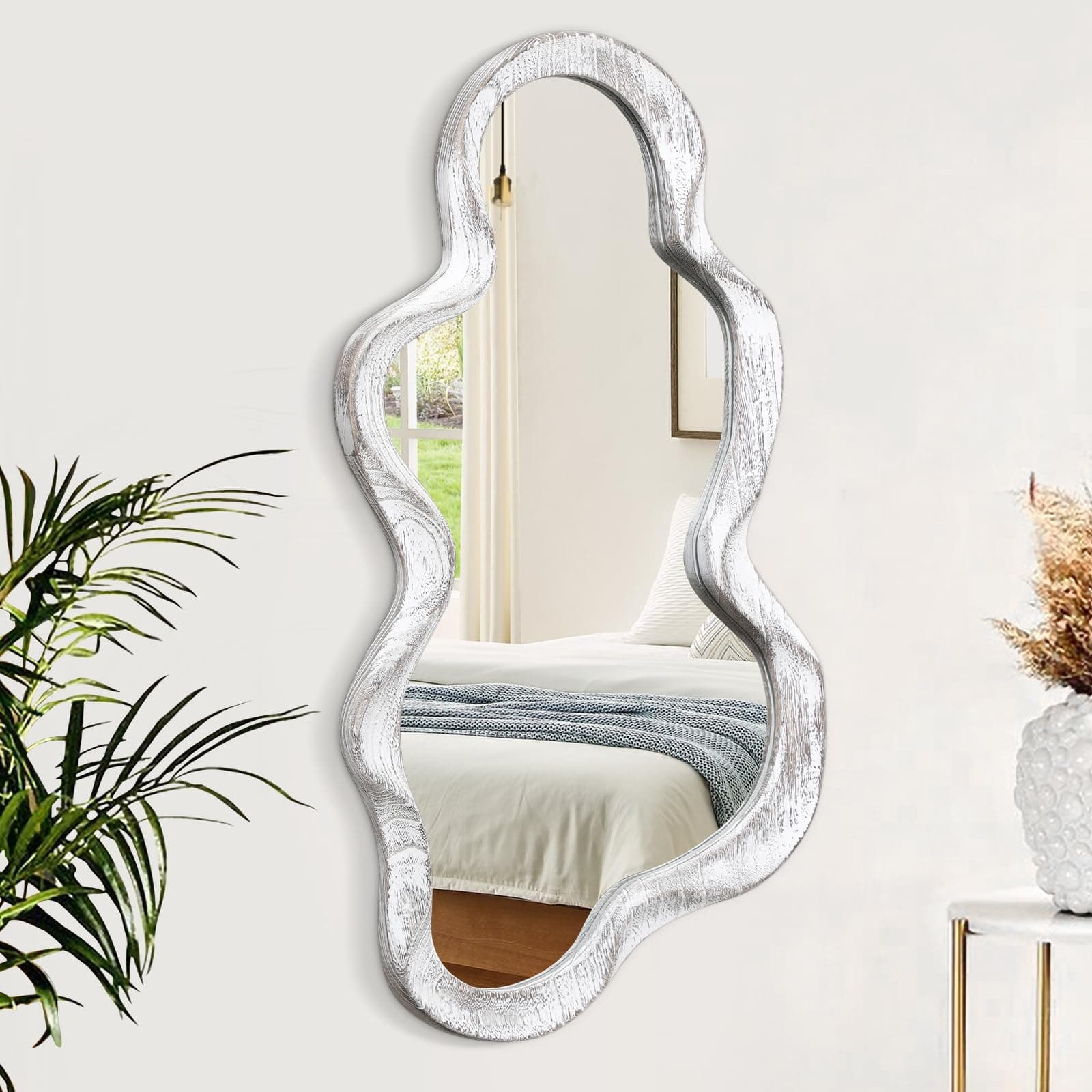 Irregular Wood Frame Mirror Asymmetrical Mirrors for Wall Unique Cloud Modern Living Room Bedroom Vanity Entryway Hallway Decorative Artistic Cute and Stylish Wall Mirror Large