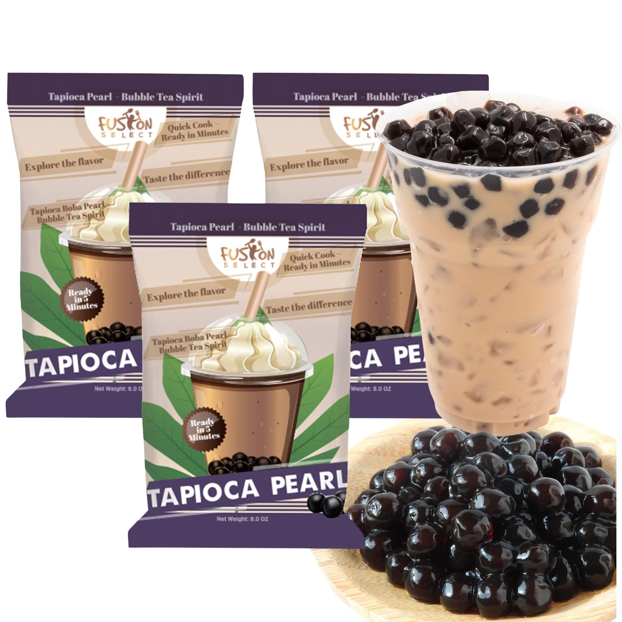 Fusion Select Tapioca Pearl - Brown Sugar Flavor Quick Cook Tapioca, DIY Boba for Boba Tea Ready in 5 Minutes, Boba pearls, Bubble Tea Pearl s, Milk Tea Toppings (3 Packs)
