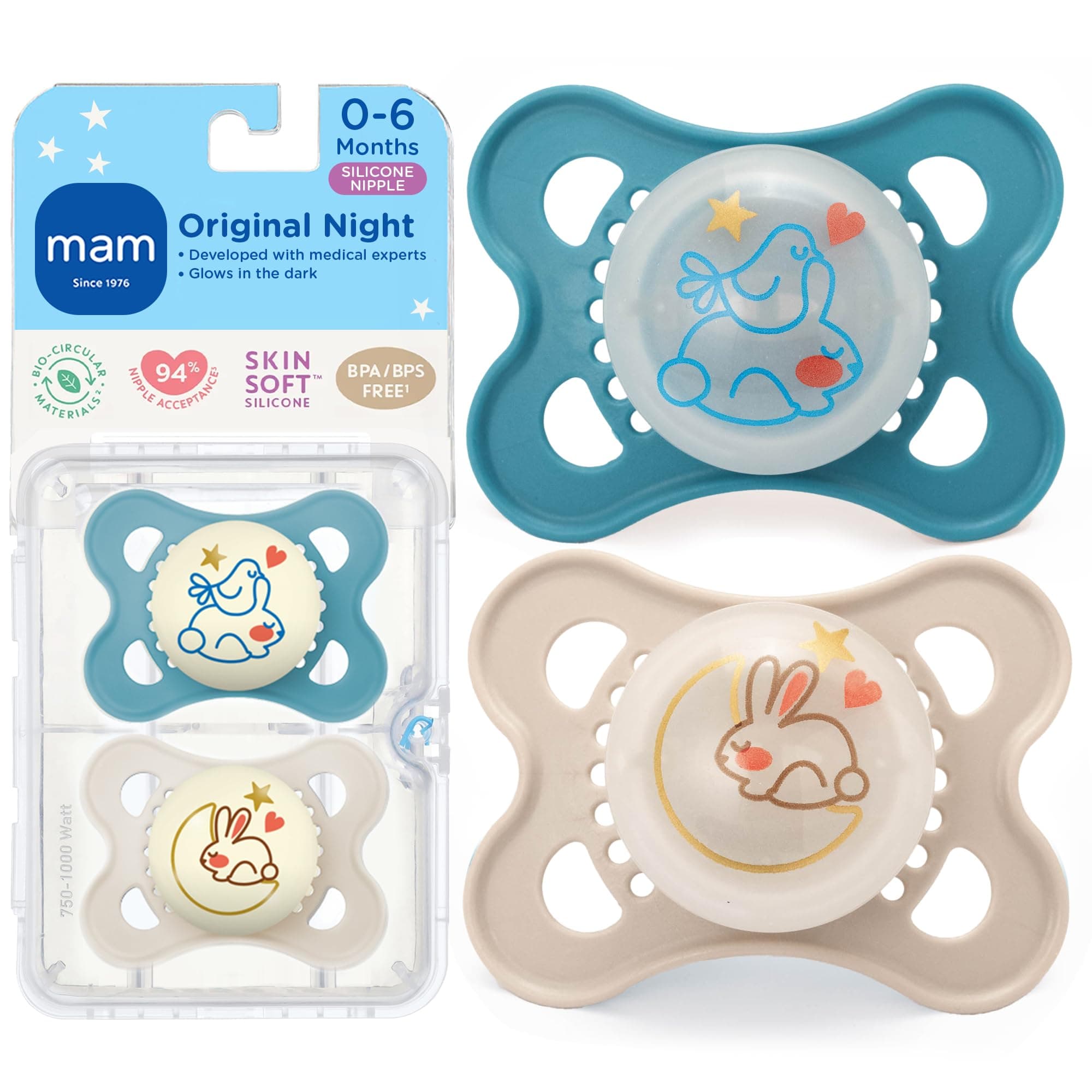 Original Night Pacifiers, Binky Pacifier for 0-6 Months, BPA-Free Silicone, Glows in The Dark, Best for Newborn Babies, Developed with Medical Experts, 2 Count Binkies, with Sterilizer Case