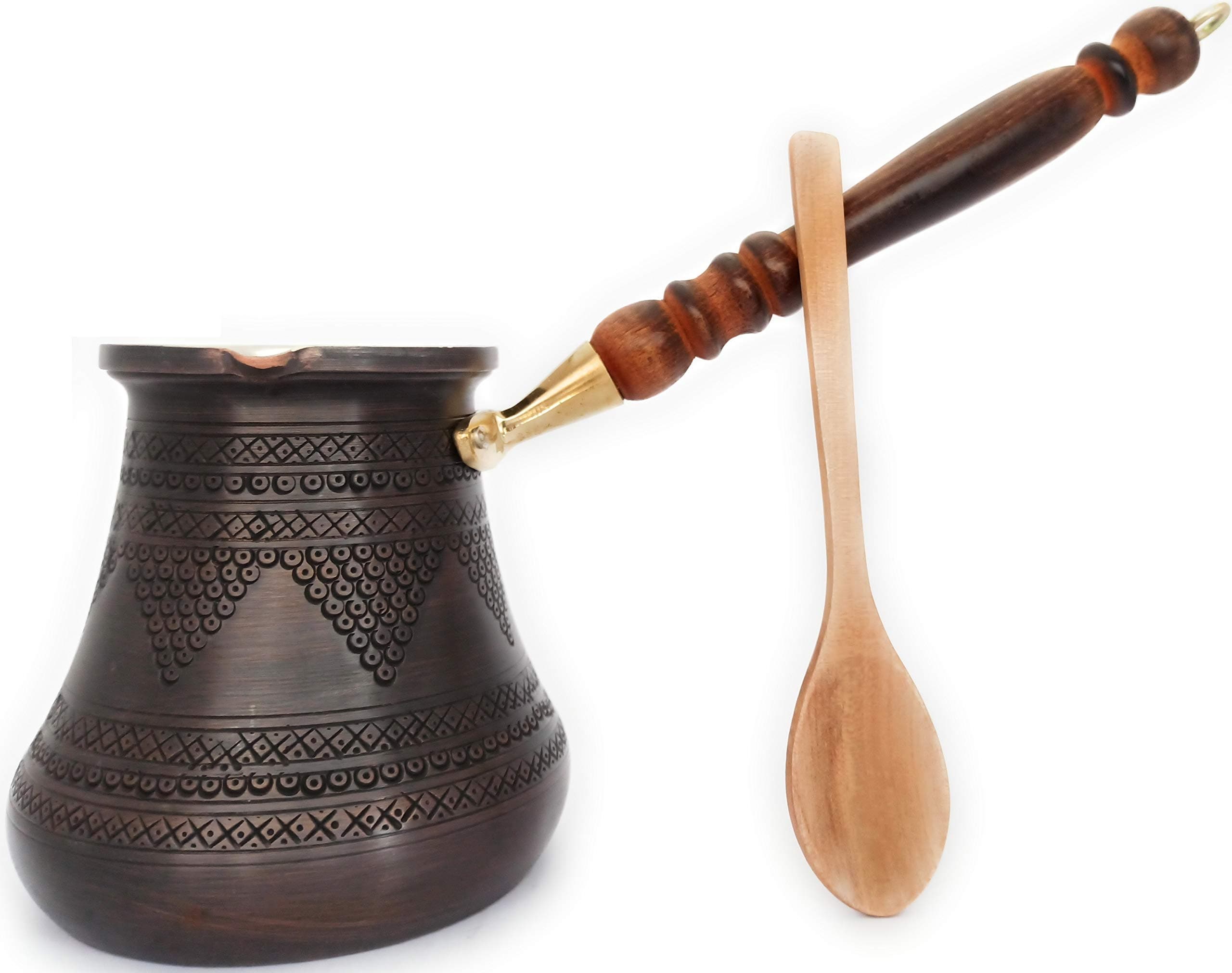 2020-PCZ Series (XXLarge-28fl.oz)-Thickest Solid Copper Stamped and Hammered Turkish Greek Arabic Coffee Pot with Wooden Handle, Stovetop Coffee Maker Cezve Jezve Jazva Ibrik Briki-Antique