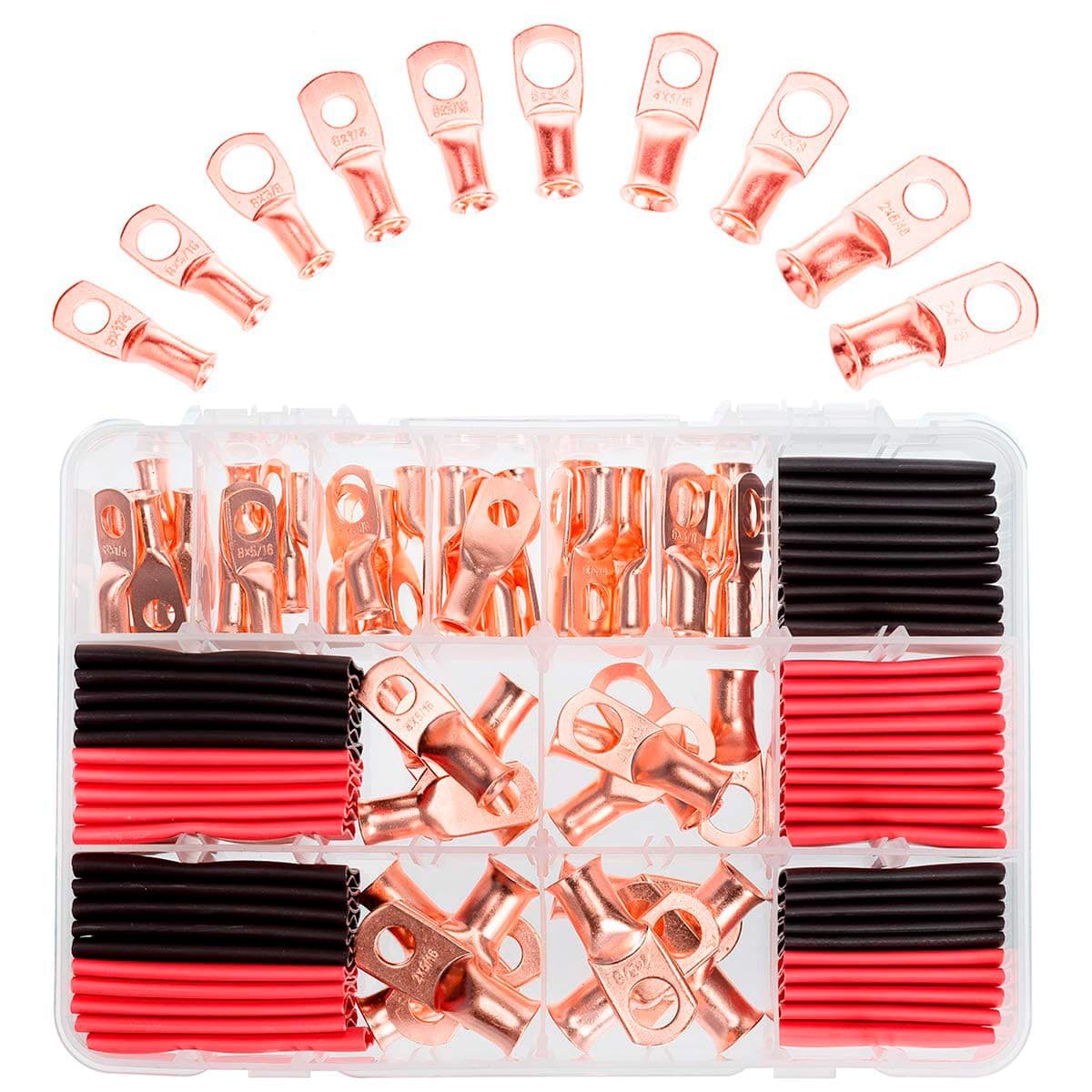 50 pcs AWG 8/6/4/2 Heavy Duty Bare Copper Lugs, Closed End Tubular Ring Terminals, Battery Electrical Cable Wire Connectors Assortment Kit(with 50 pcs Heat Shrink Tubings)