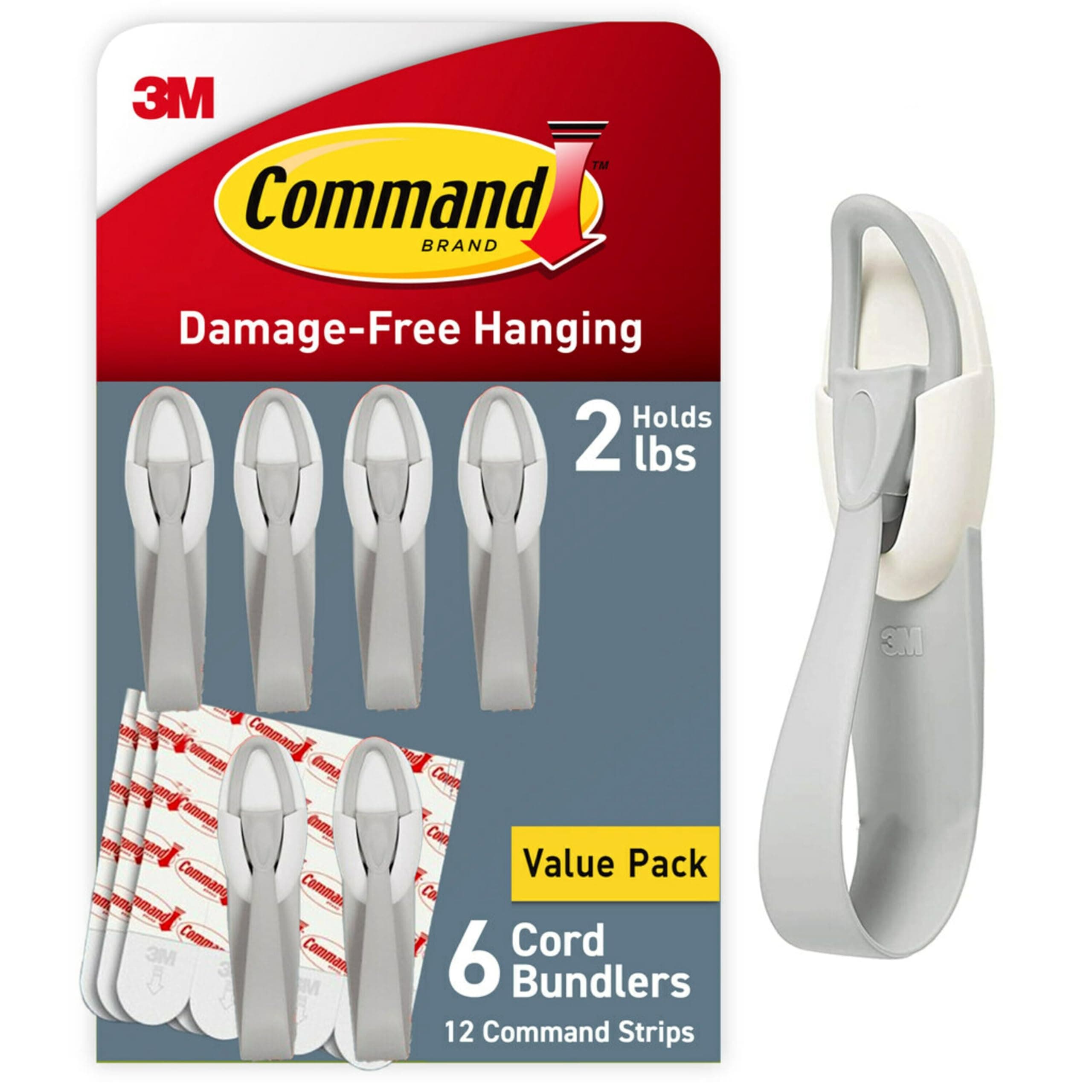 Command Cord Bundlers, Damage-Free Hanging Cord Organizer, No Tools Cord Bundler for Hanging Electrical Cables, 6 Gray Cord Bundlers and 12 Strips