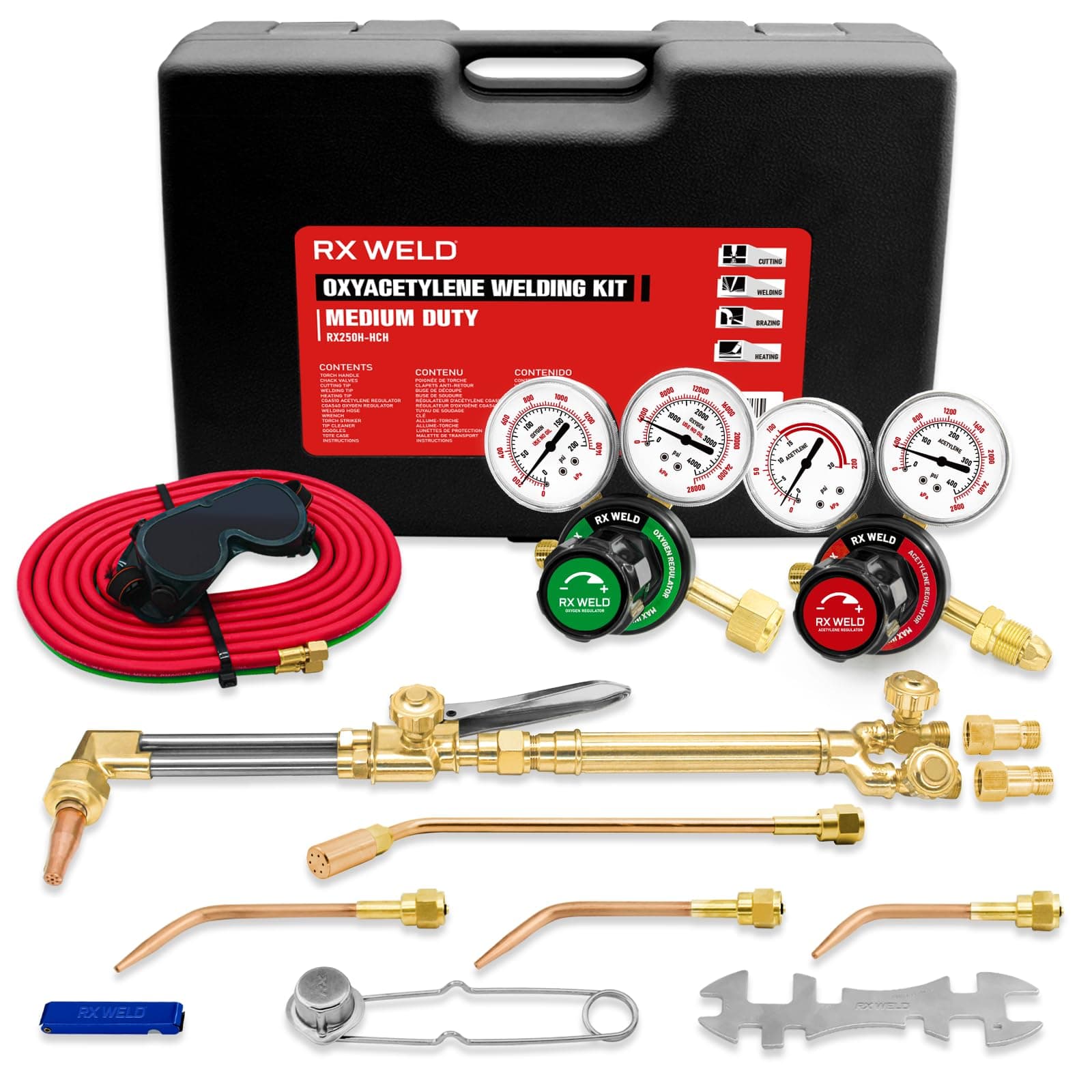 Medium Duty Oxy Acetylene Torch Kit - Cutting, Welding, Brazing with Heating Nozzle (6-MFA-1) & Check Valves