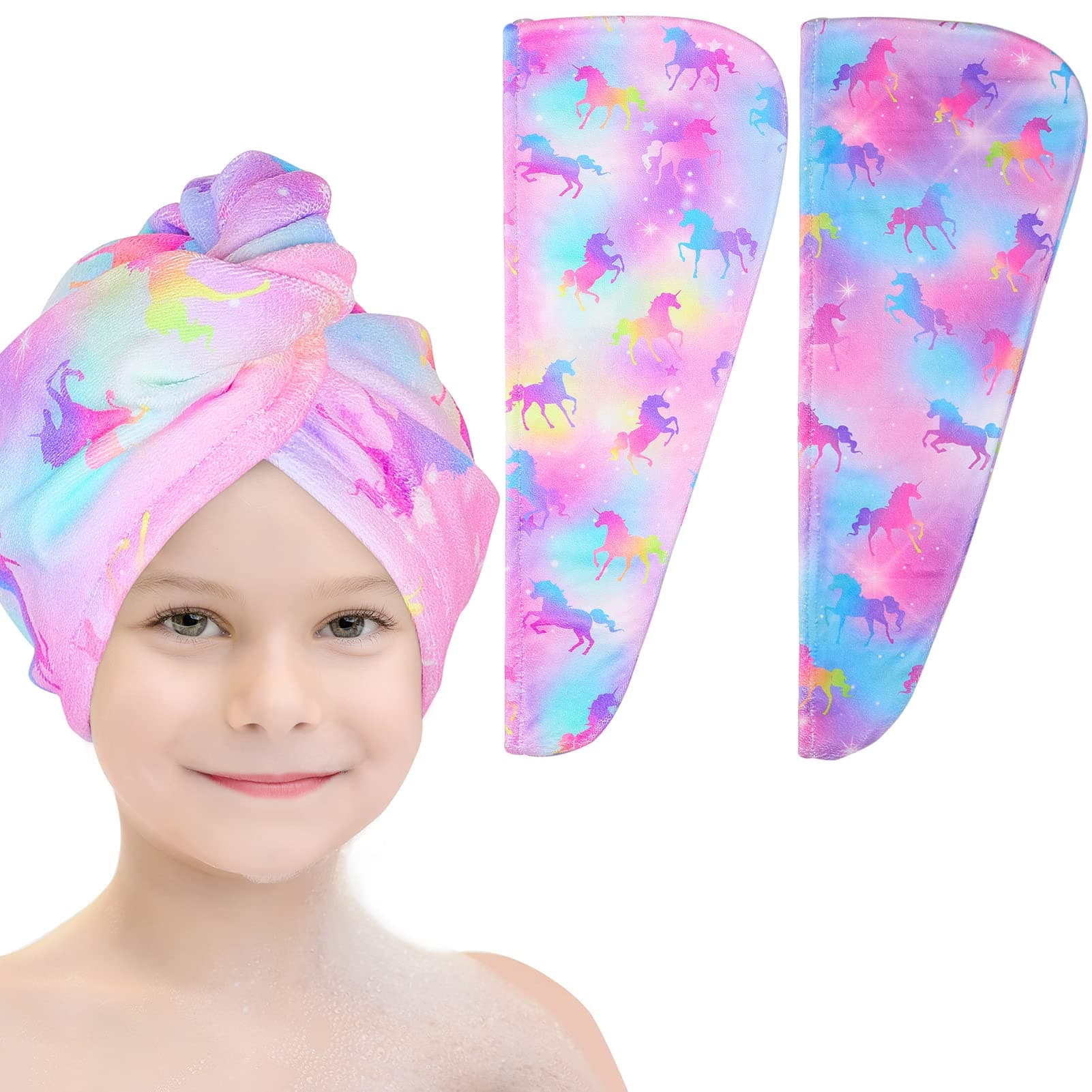 Basumee Microfiber Hair Towel Wrap for Kids 2 Pack Rapid Drying Hair Towel with Button Hair Turbans for Wet Hair Wraps Head Towel Wrap for Women and Girls, Colorful Unicorn