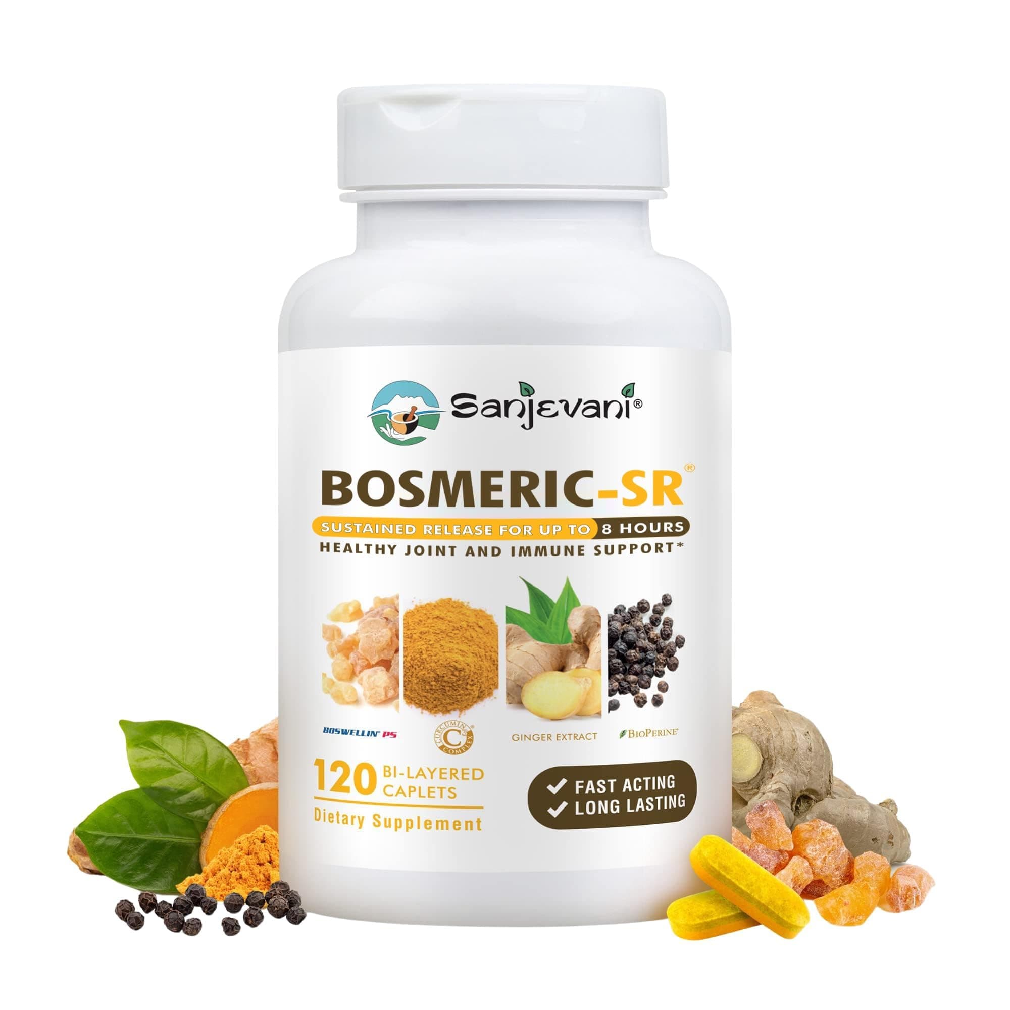 Bosmeric SR Turmeric Curcumin with Curcumin C3 Complex, BioPerine (Black Pepper Extract) for High Absorption and Boswellia for Extended Release; Soy/Gluten Free All Natural, Non GMO - 120 Caplet