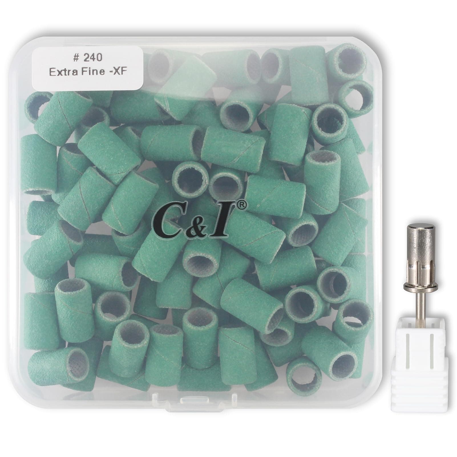 Nail Sanding Bands 100 PCS Plus Upgrade Mandrel 1 PC, Nail Drill Bits for Acrylic Gel Nails Remove, Natural Nails Buffer for Nail Prep and Nail Shiner (Green, 240 Extra Fine)