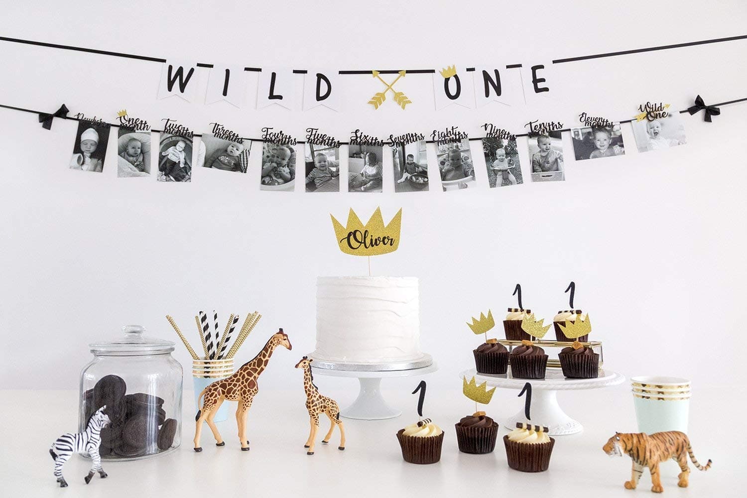 Wild ONE First Birthday Party Decorations Pack. Cake topper. Cupcake toppers. Straws. Wall banner. 12 months photo banner. Cake smash. Boy