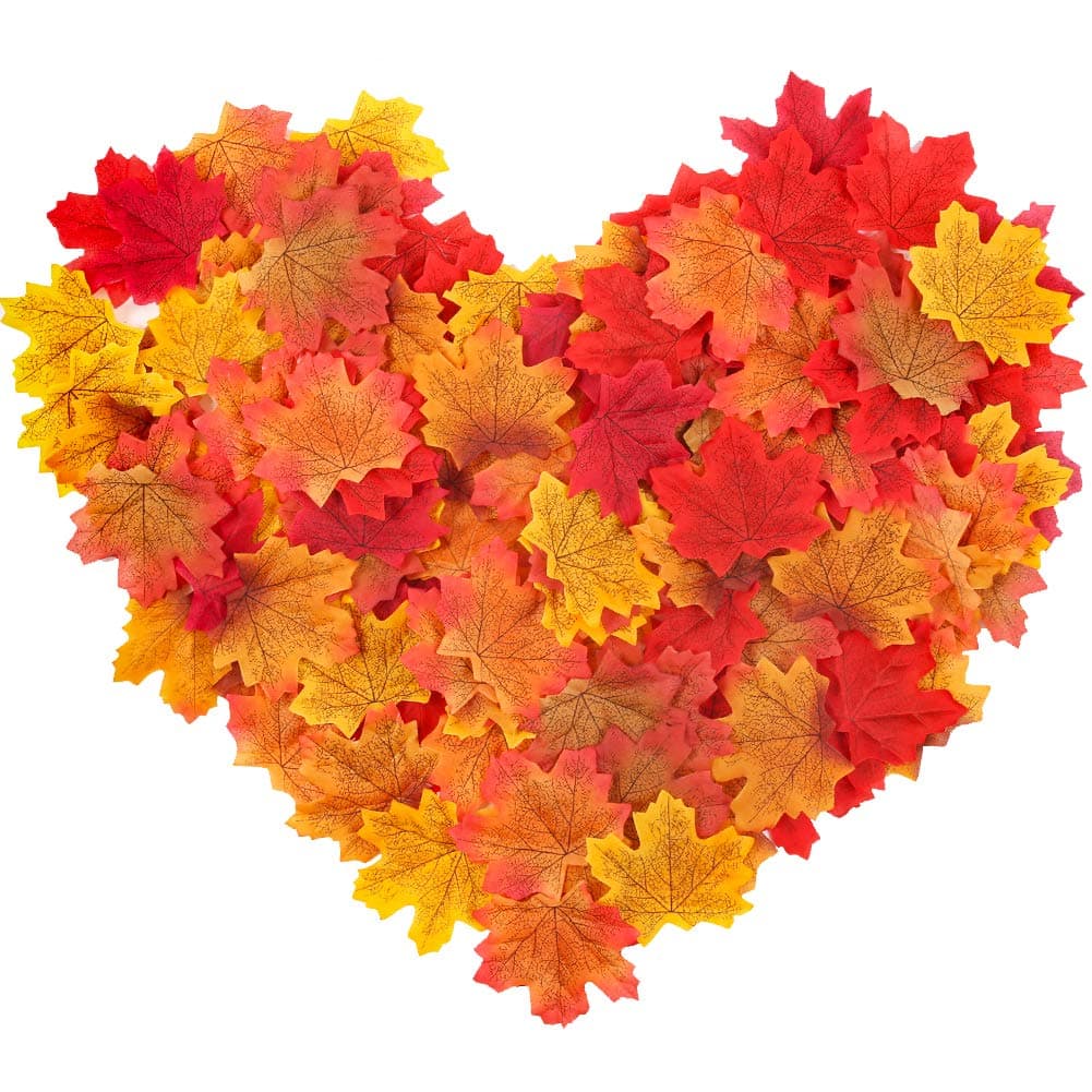 FUTUREPLUSX 500PCS Fake Fall Leaves Decorations, Artificial Autumn Maple Mixed Color Faux Leaf for Thanksgiving Home Table Decor Weddings Christmas Party Harvest Art Scrapbooking Craft
