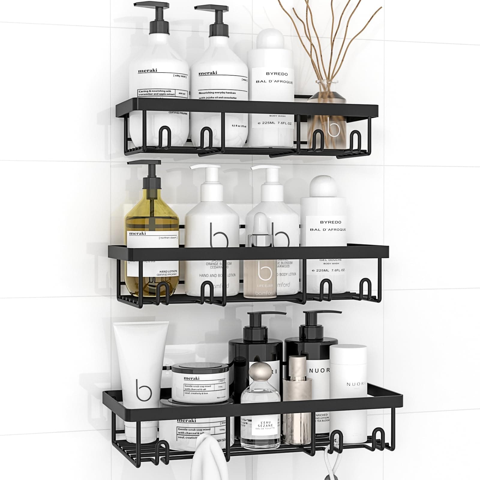 Shower Caddy - 3 Pack Shower Organizer Shelves Rack storage For Inside Shower Black Self Adhesive Rustproof stainless steel shower Shample holder For Bathroom accessories Wall organizing No Drilling