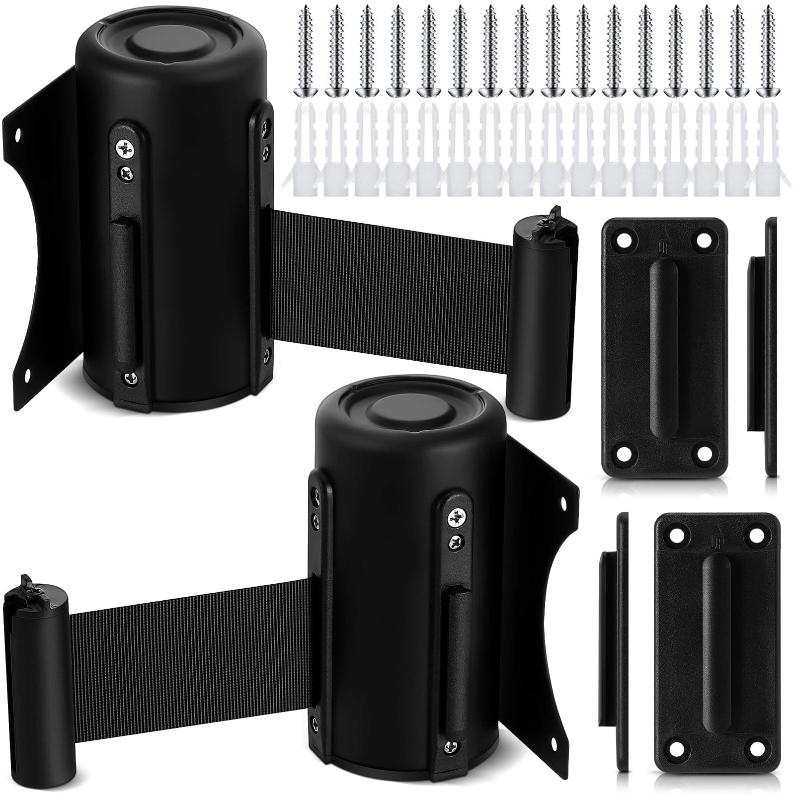 Thyle 2 Pieces Wall Mounted Retractable Belt Barrier Wall Mount Caution Belt with 10 Feet Black Belt Crowd Control Barriers Rope Safety Barriers for Indoor Outdoor Grocery Retail Store Stadium School