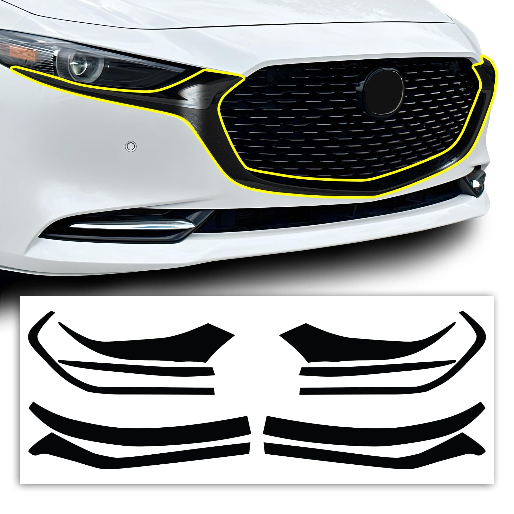 for Mazda 3 2019-2026 Front Chrome Delete – Precut Vinyl Overlay Kit, Gloss Black Blackout Trim