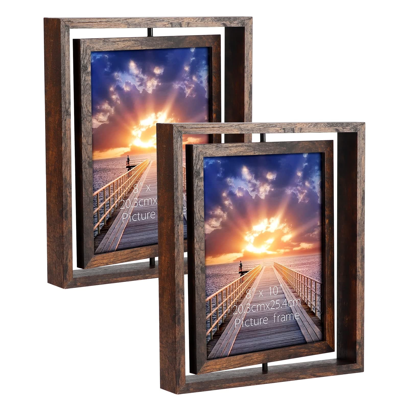 2 Pack 8x10 Rustic Rotating Picture Frames, Photo Frames for Vertical or Horizontal Tabletop Display, Brown