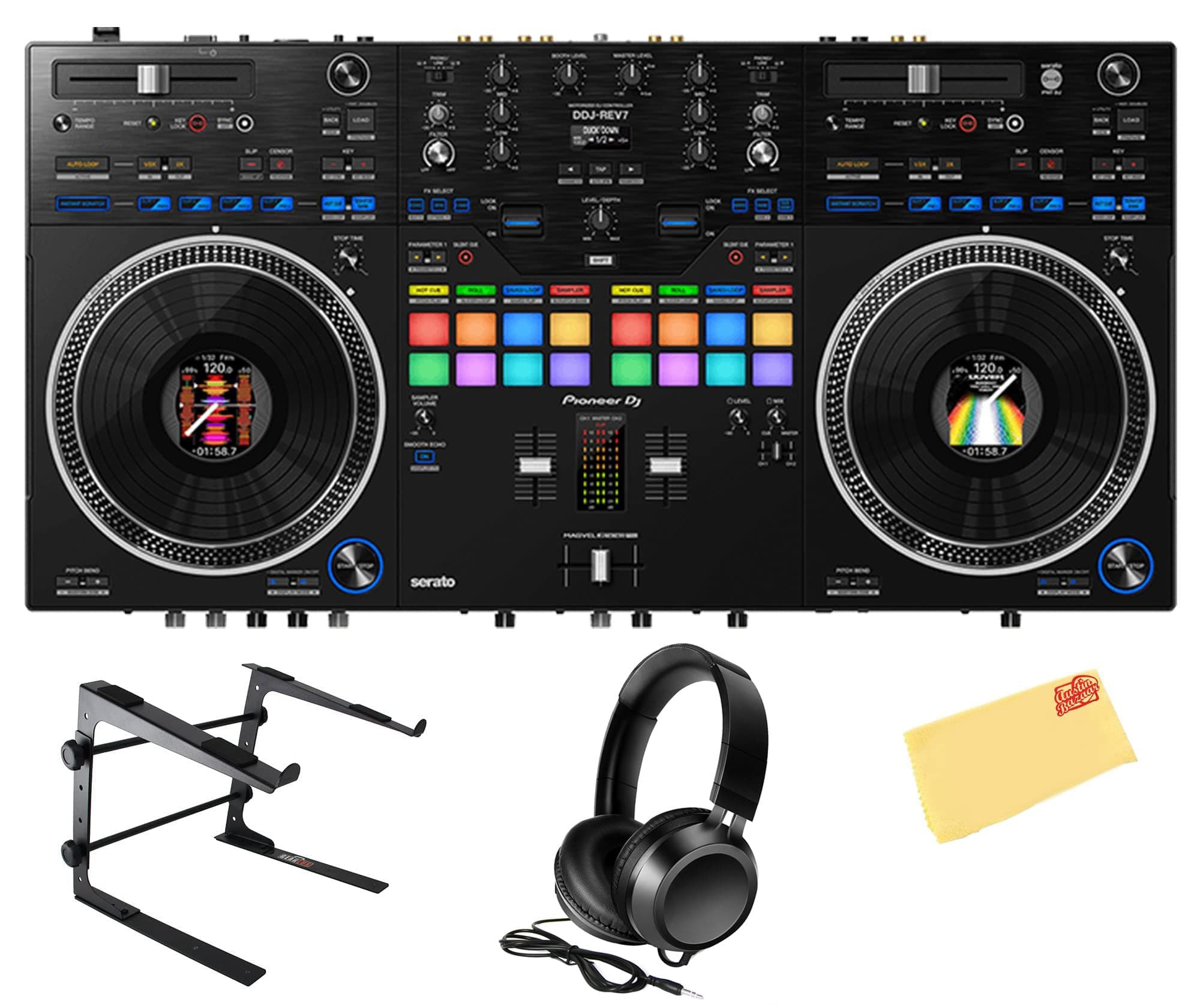 DDJ-REV7 Scratch-Style 2-Channel Professional DJ Controller - Black Bundle with Laptop Stand, Headphones, and Austin Bazaar Polishing Cloth