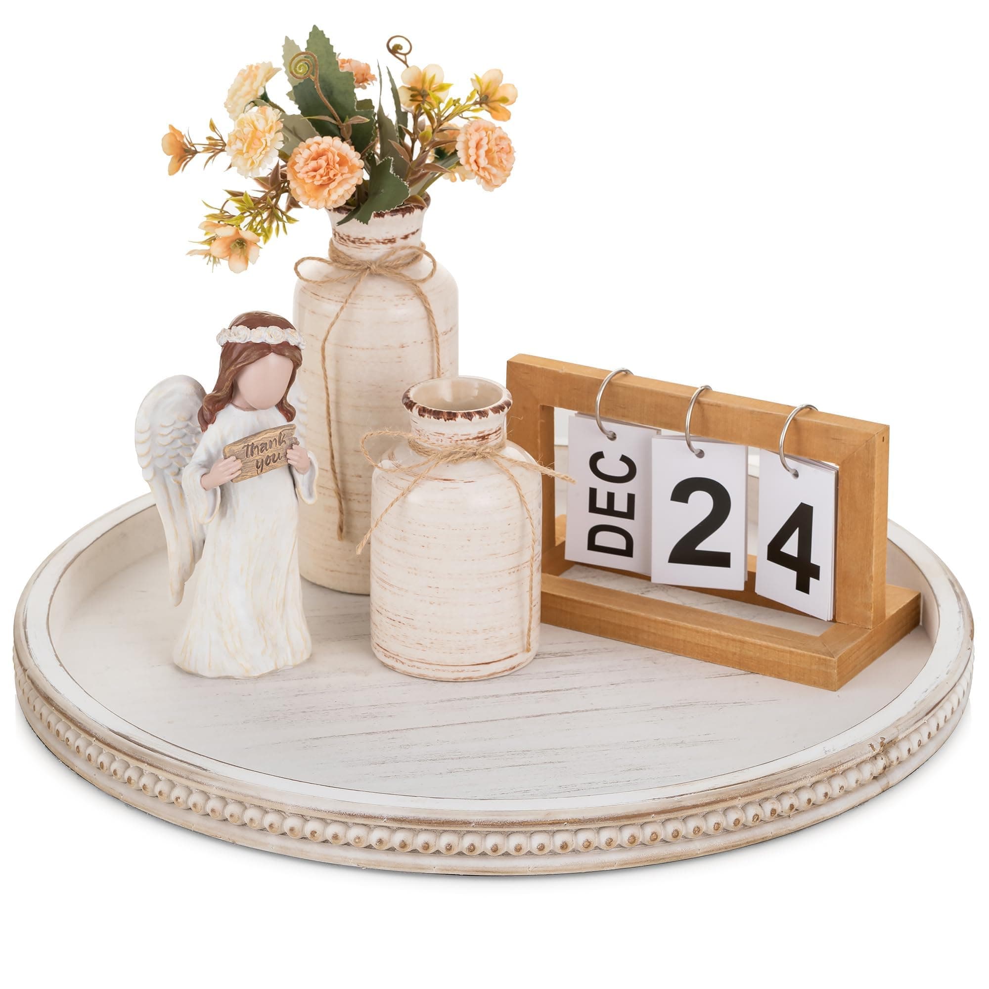 Hanobe Large Round Decorative Tray: 45cm White Coffee Table Beaded Tray Circle Rustic Big Wood Trays Decor Farmhouse Ottoman Vintage Centerpiece Serving Home for Counter