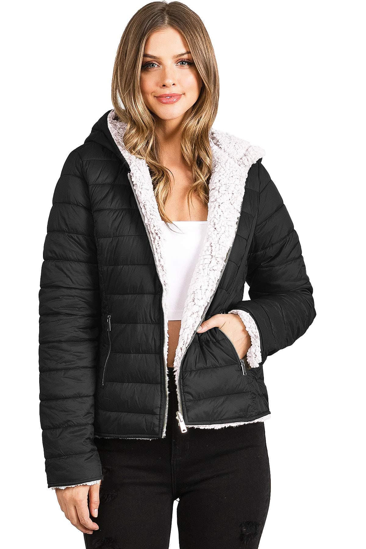 Love Tree Women's Juniors Reversible Teddy Bear Puffer Jacket