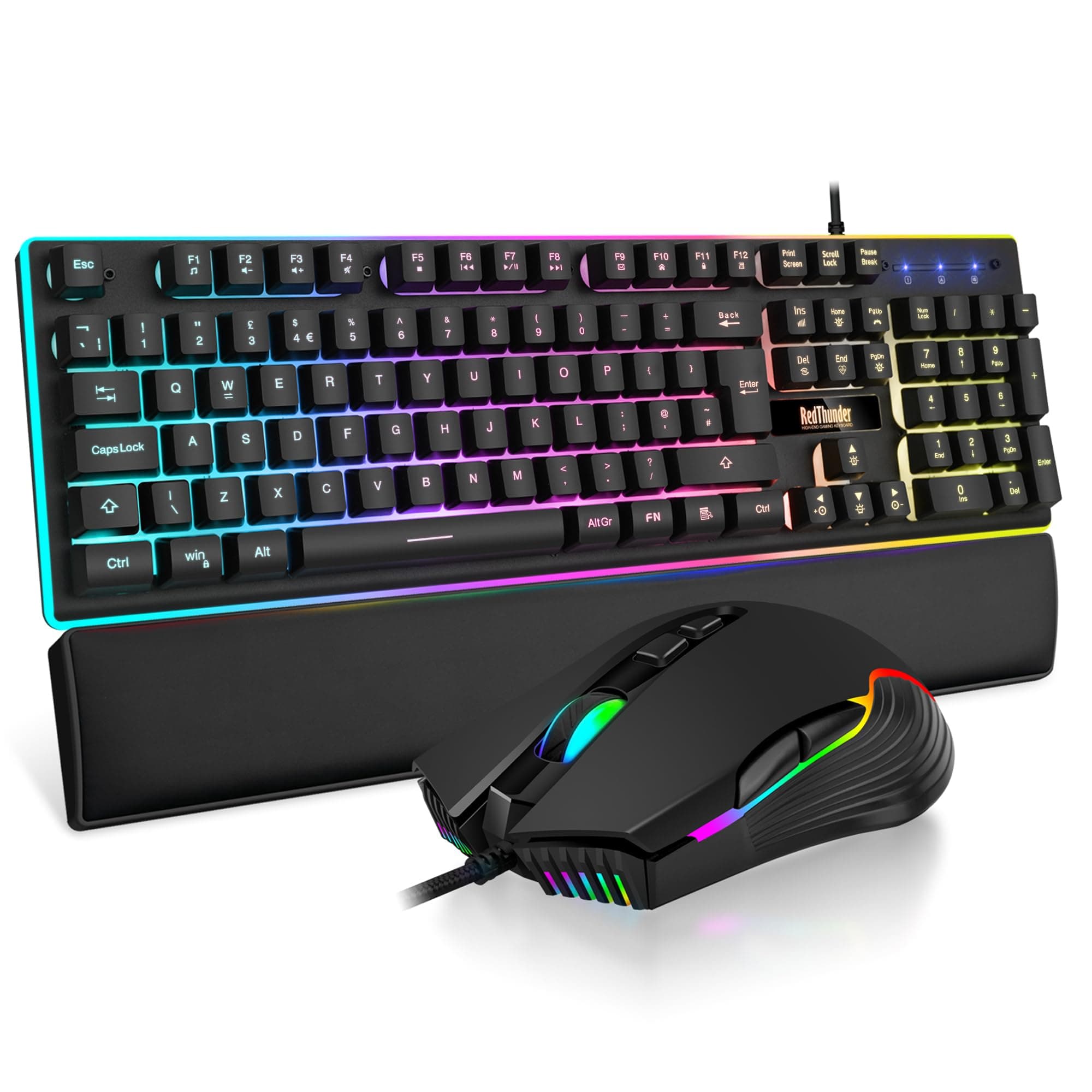 RedThunder K10 Wired Gaming Keyboard and Mouse Combo, UK Layout, True RGB Backlight, Soft Leather Wrist Rest, Mechanical Feel Ergonomic Anti-Ghosting Keyboard + 7D 7200 DPI Mouse for PC Mac (Black)