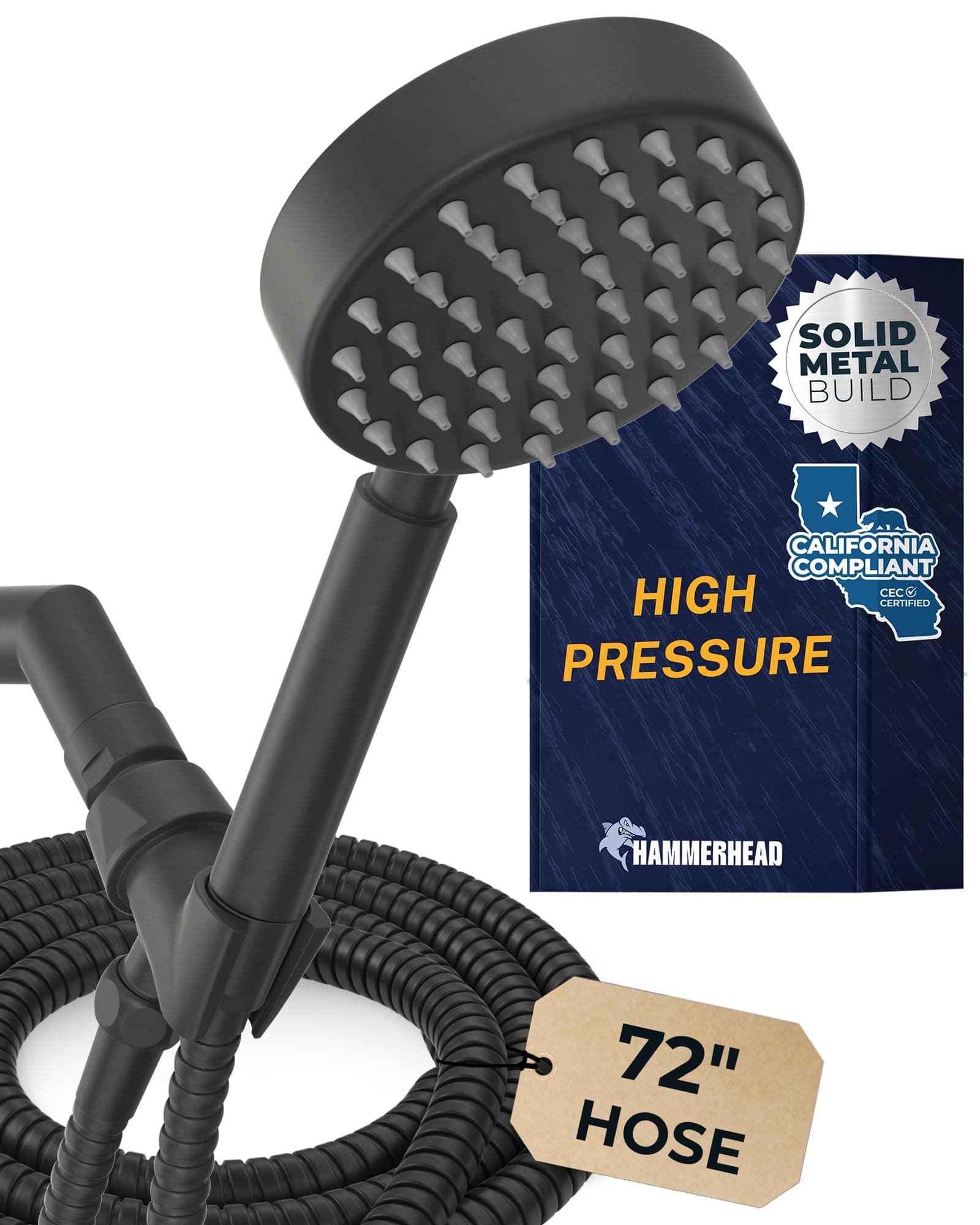 Solid Metal LOW FLOW Handheld Shower Head with Hose and Brass Holder - MATTE BLACK – Water Saving 1.75 GPM Detachable Shower Head - Adjustable Shower Wand Bracket & 6ft Hose