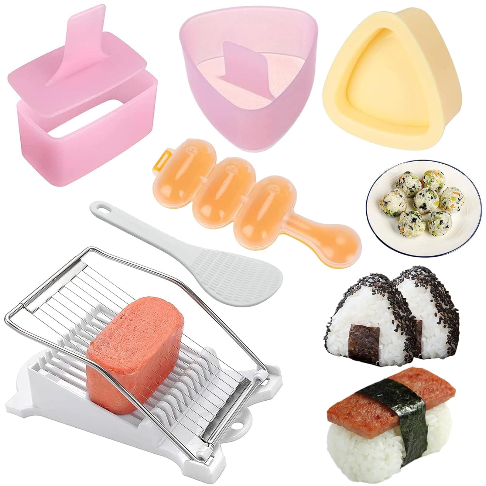6 Pcs/Set Spam Musubi Maker Mold Press (Non Stick) with Luncheon Meat Slicer Kit Sushi Shake Rice Ball Mold Onigiri Mold Sushi Making Tool Egg Slicer Hot Dog Cutter for Kitchen