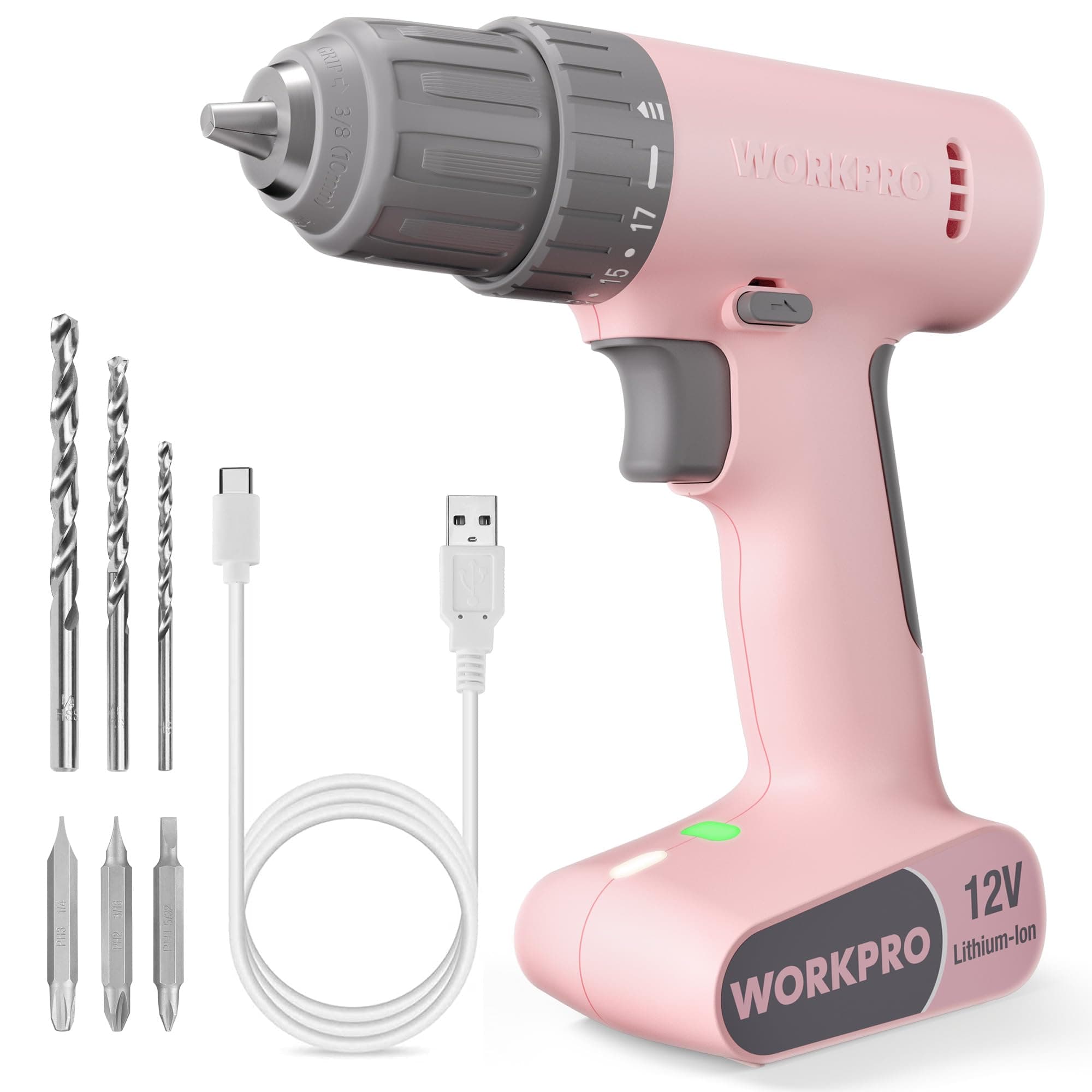 WORKPRO Pink Cordless Drill Driver Set, 12V Electric Power Drill Tool Kit with 6 Pcs Bits, 3/8-Inch Keyless Chuck, Variable Speed, 18 Touque Setting, Type-C Charge Cable, Led Light, Pink Ribbon