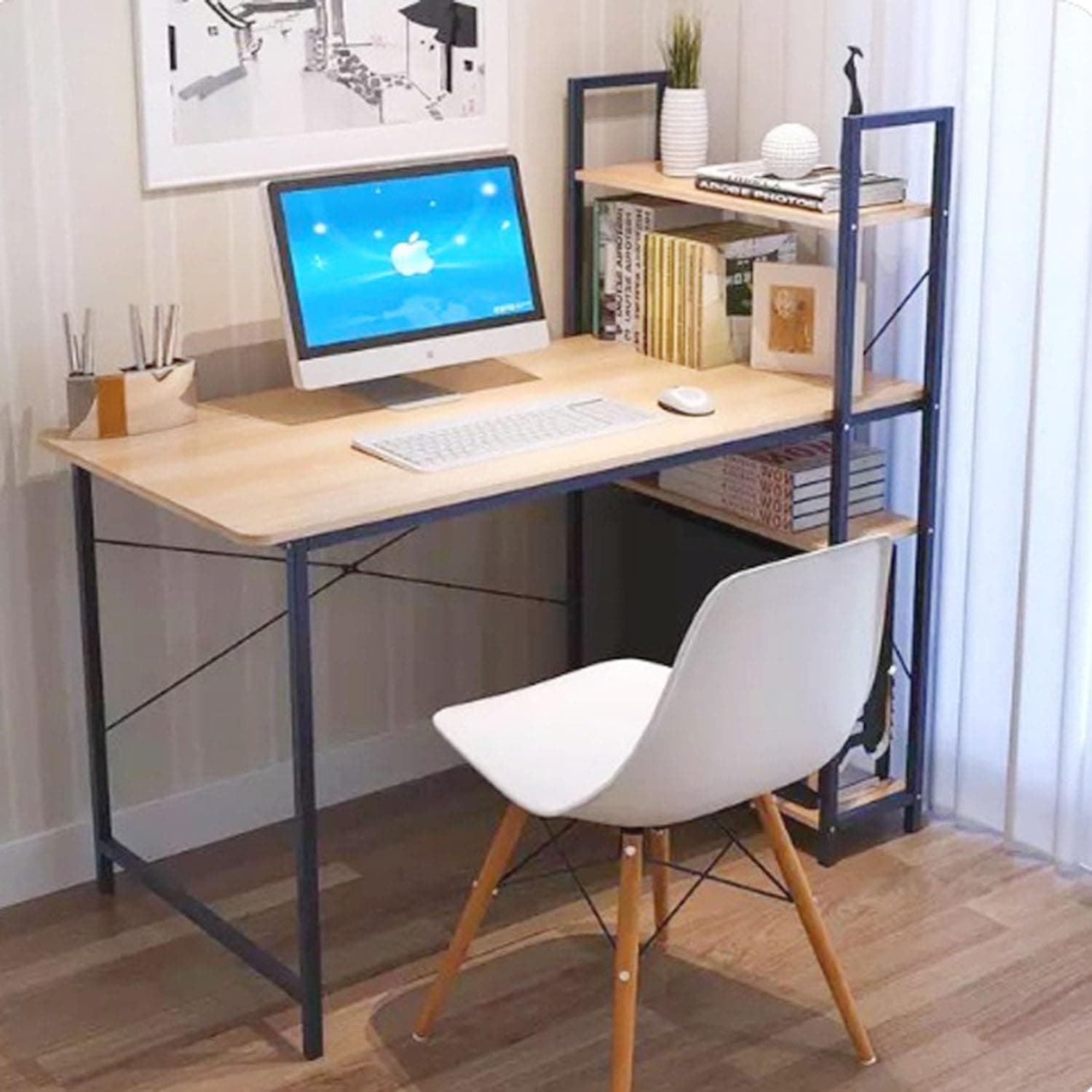 Kutis Set of 2 Modern Home Office Work Study Gaming and Writing Table with Storage Bookshelves and Modern Scandinavian Style Natural Wood Legs Plastic Arm Chair 106.5 x 59.6 x 123 and 40 x 40 x 82 cm.