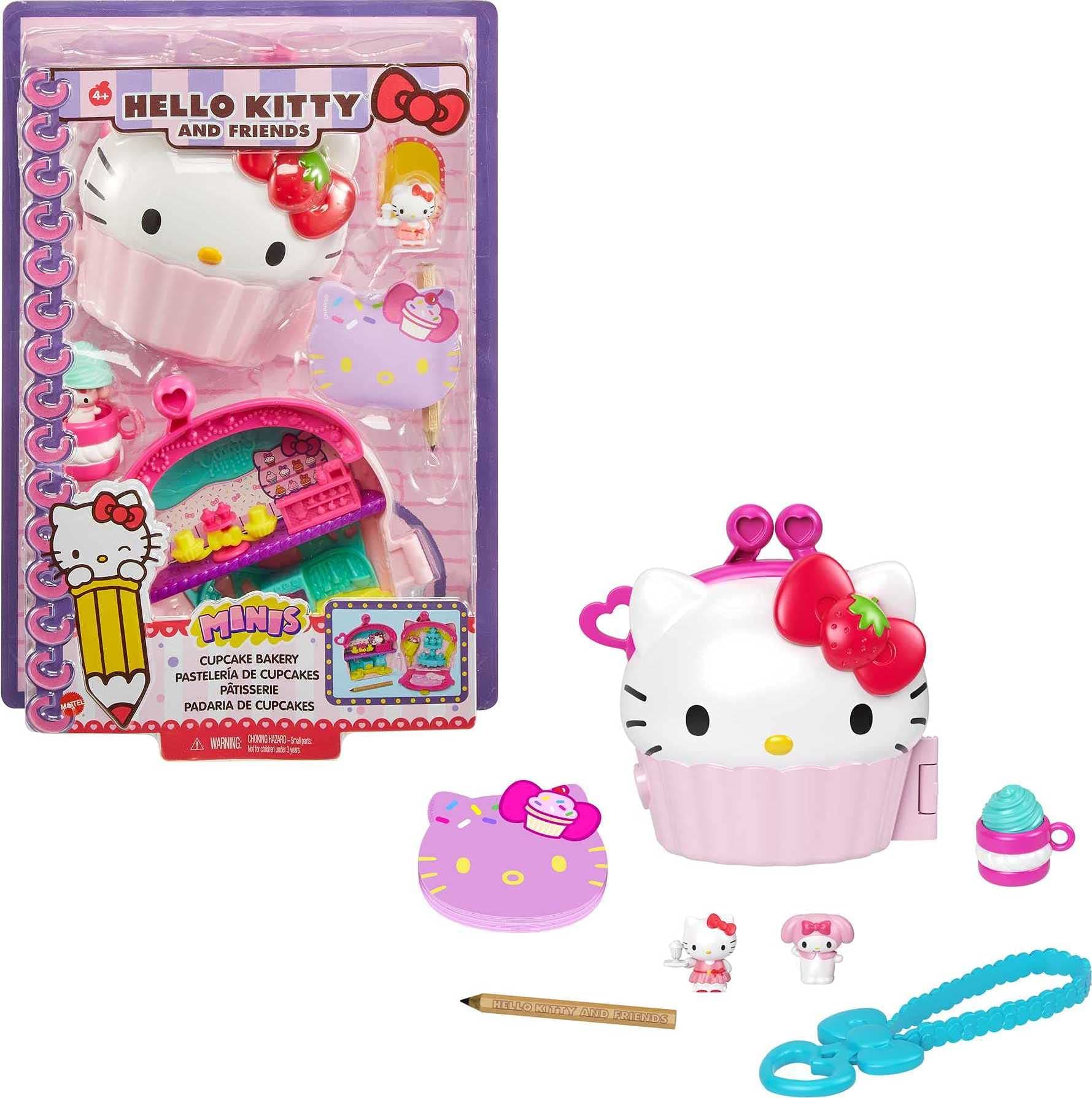 Mattel Hello Kitty Cupcake Bakery Compact (4.9-in / 12.5-cm) with 2 Sanrio Minis Figures, Stationery Notepad and Accessories, Great Gift for Kids Ages 4Y+