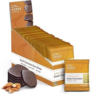 Verse 70% Dark Chocolate with Almonds - Only 3g Cane Sugar - Creamy Dark Cocoa Squares - Individually Wrapped Chocolates (30 Count)