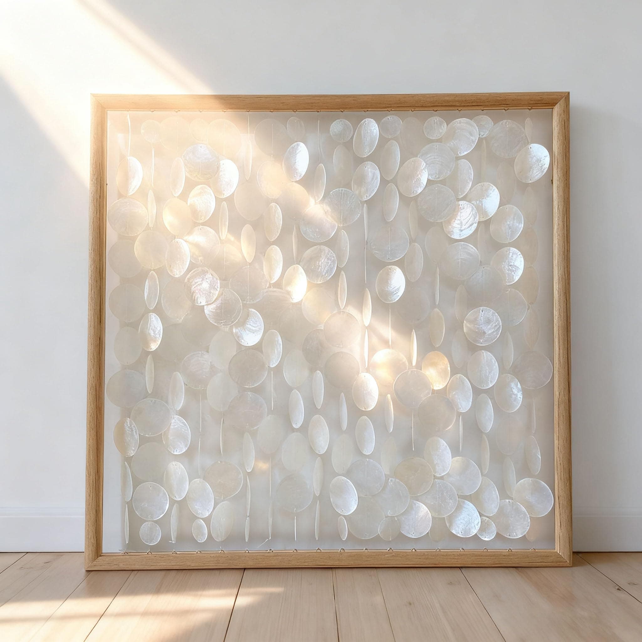 Bergamot 3D Handmade 24"x24" Capiz Shell Wall Hanging Decor, Solid Wooden Framed Coastal Wall Decor, Minimalist White Sea Shell Art for Living Room, Bedroom, Office