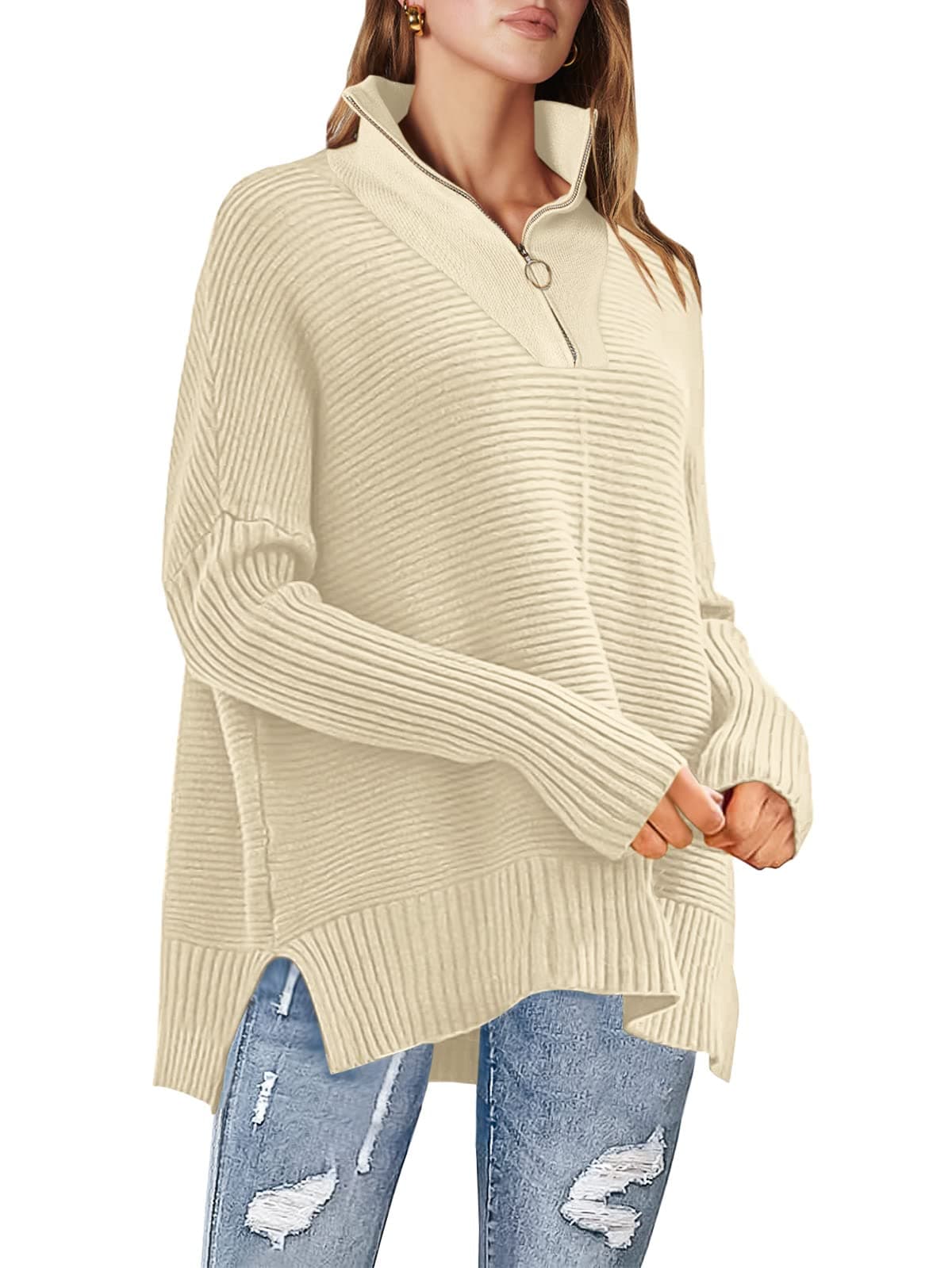 ANRABESS Womens Oversized Half Zip Sweaters 2023 Fall Long Sleeve Casual Ribbed Knit Pullover Tunic Sweater with Slit