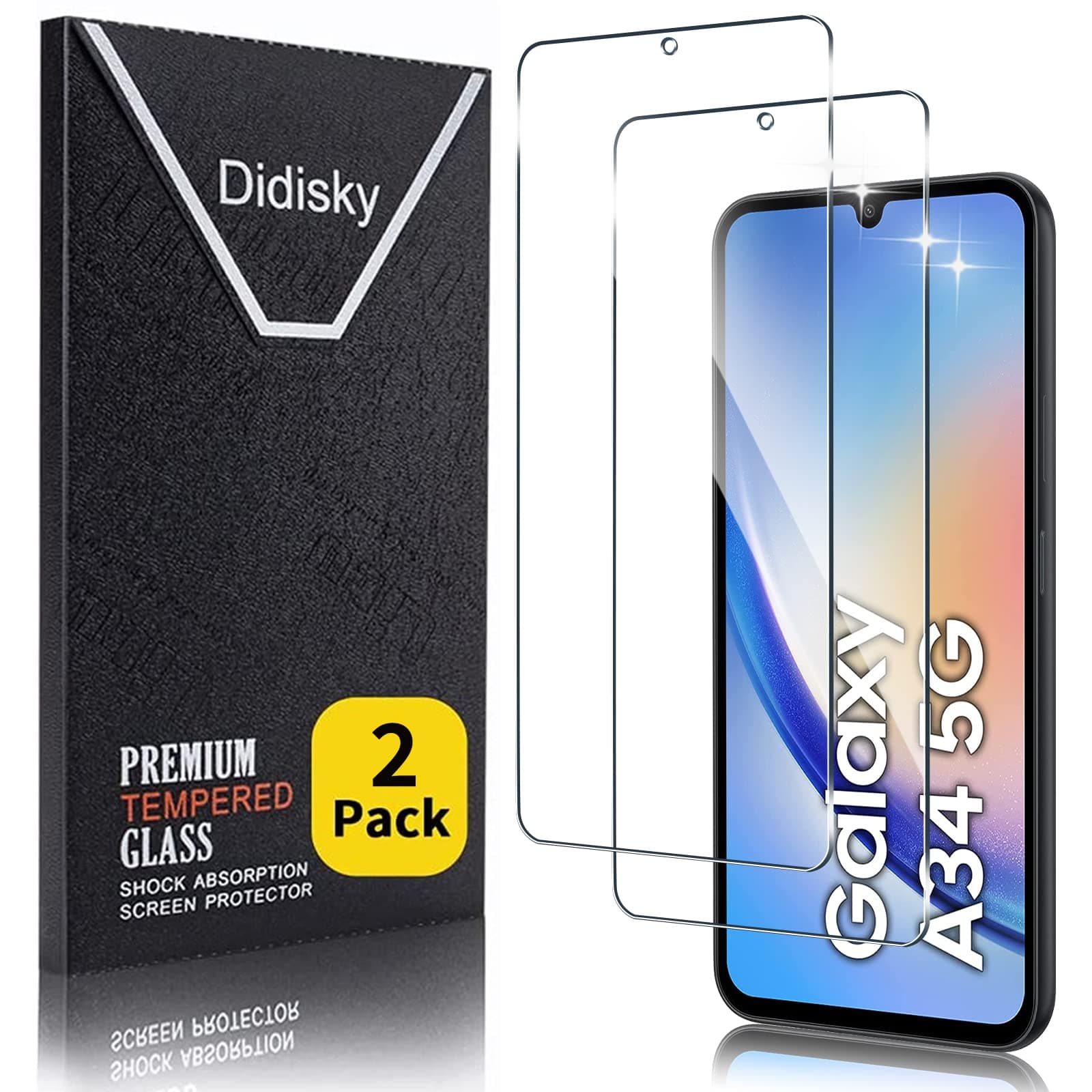 Didisky 2 Pack Tempered Glass Screen Protector for Samsung Galaxy A34 5G, Scratch-Resistant, 9H Hardness, No Bubbles, High Definition Screen Protector, Easy to Use