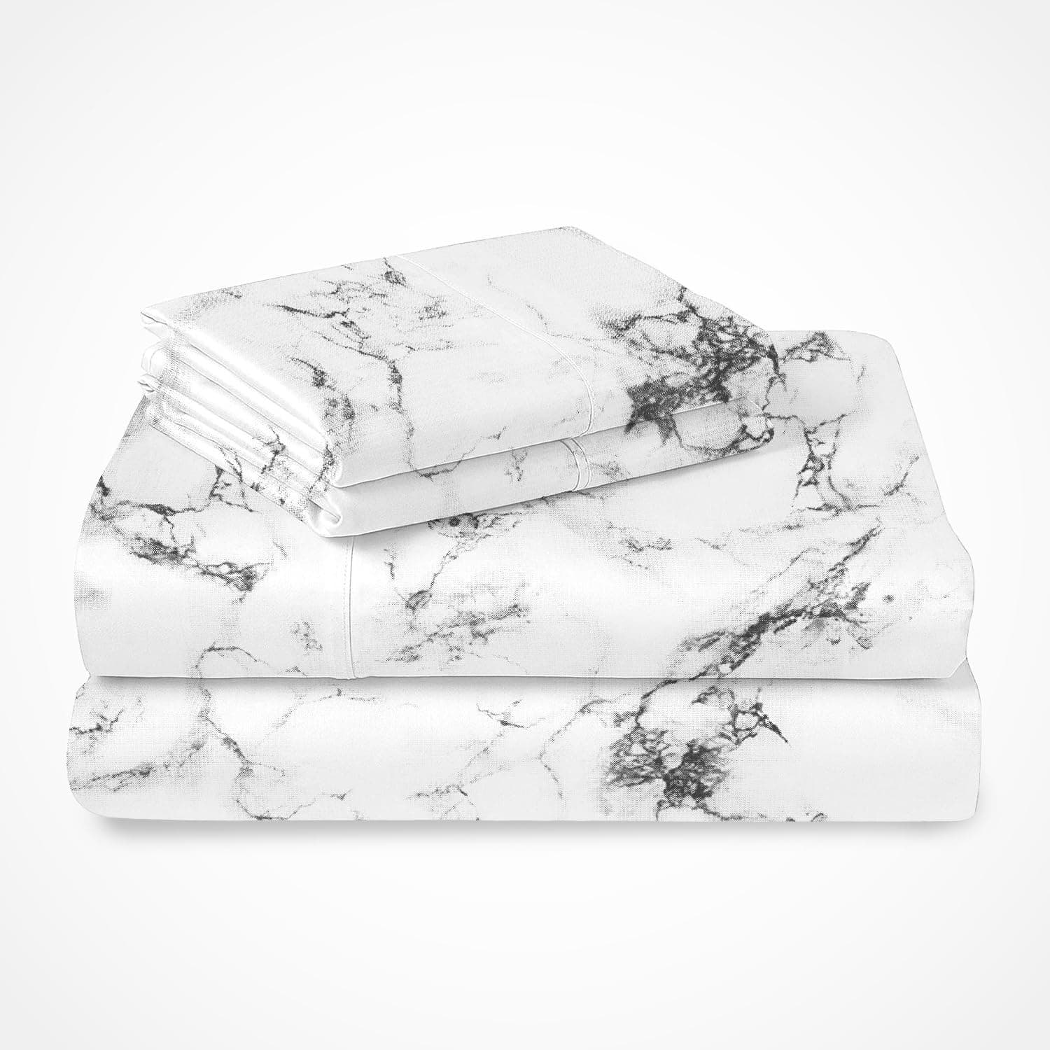 PizunaPure Combed Cotton King Size Bed Sheets Set Marble White, 400 Thread Count Cozy Luxury 100% Long Staple Cotton Sateen Weave Printed Bedsheets (1 Flat Sheet, 1 Fitted Sheet, 2 Pillowcases)