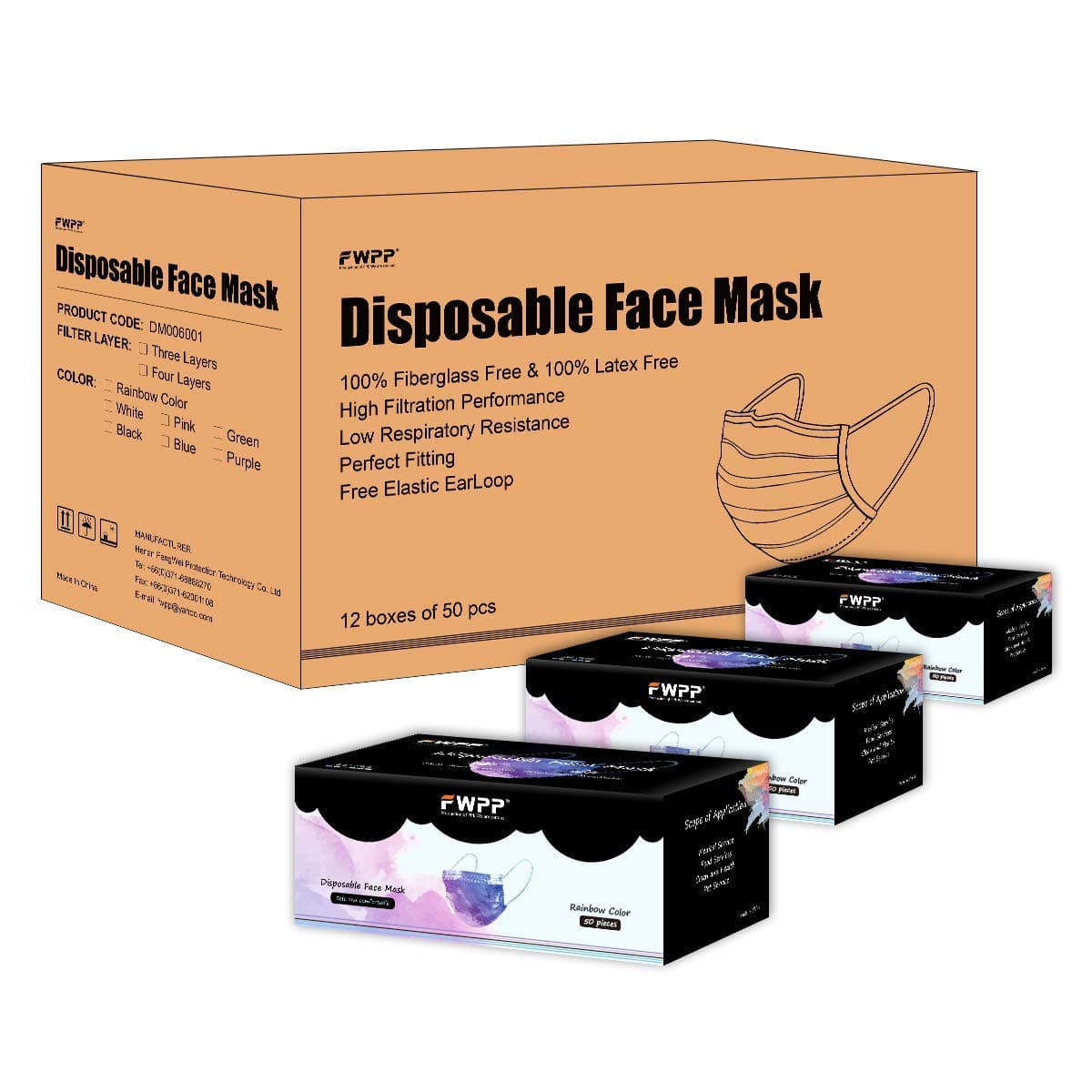 FWPP 4 Layer Earloop Disposable Face Masks Economy Plus Rainbow Color 600 pcs (12 Boxes)