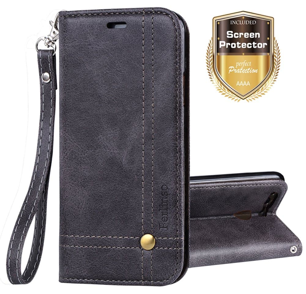 Ferlinso Huawei Honor 8 Pro Case, Elegant Retro Leather with [SCREEN PROTECTOR] ID Credit Card Slot Holder Flip Cover Stand Magnetic Closure Case for Huawei Honor 8 Pro (Gray)