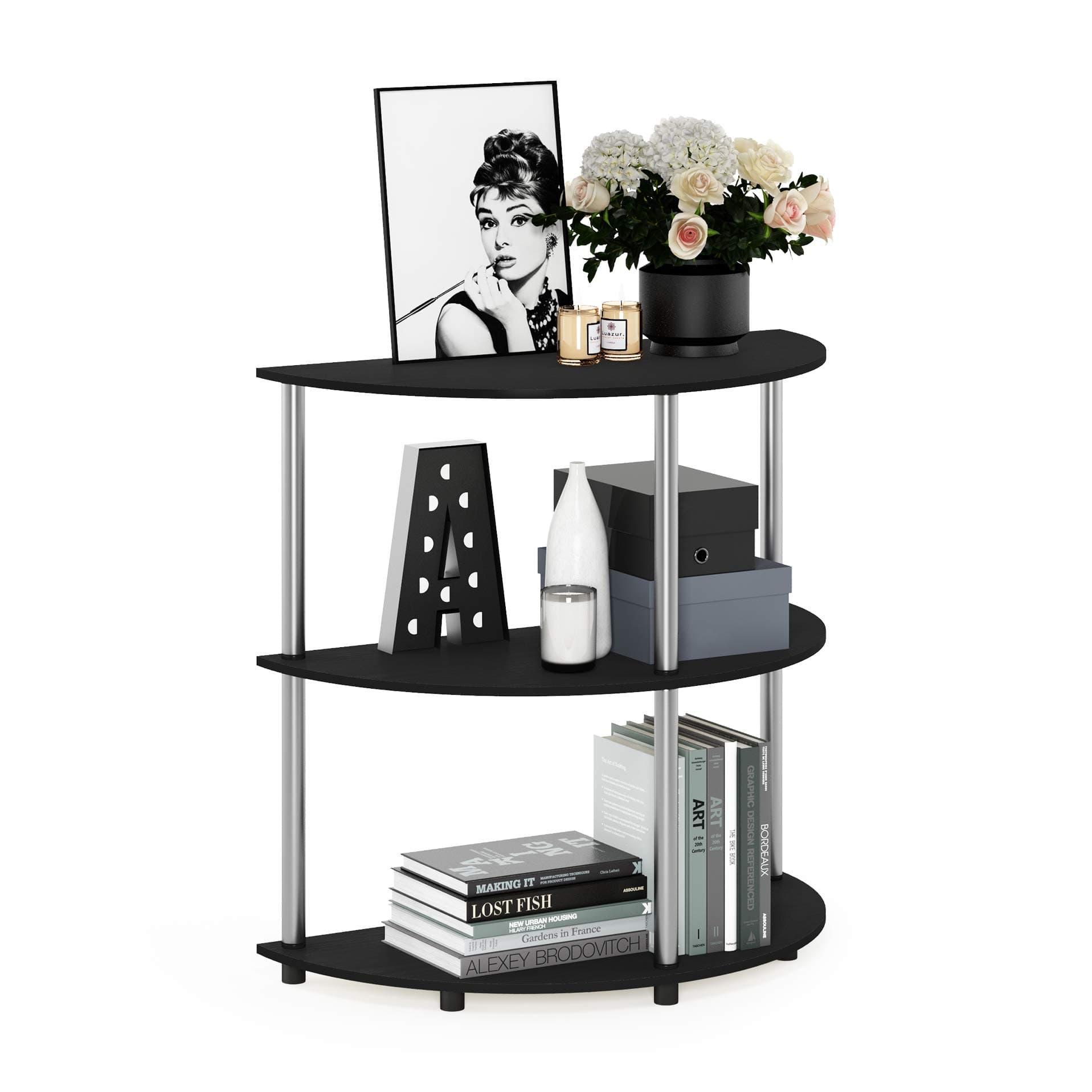 Furinno Frans Turn-N Half Round Console Table with Stainless Steel Tubes, Black Oak 15.6D x 31.1W x 30.8H in