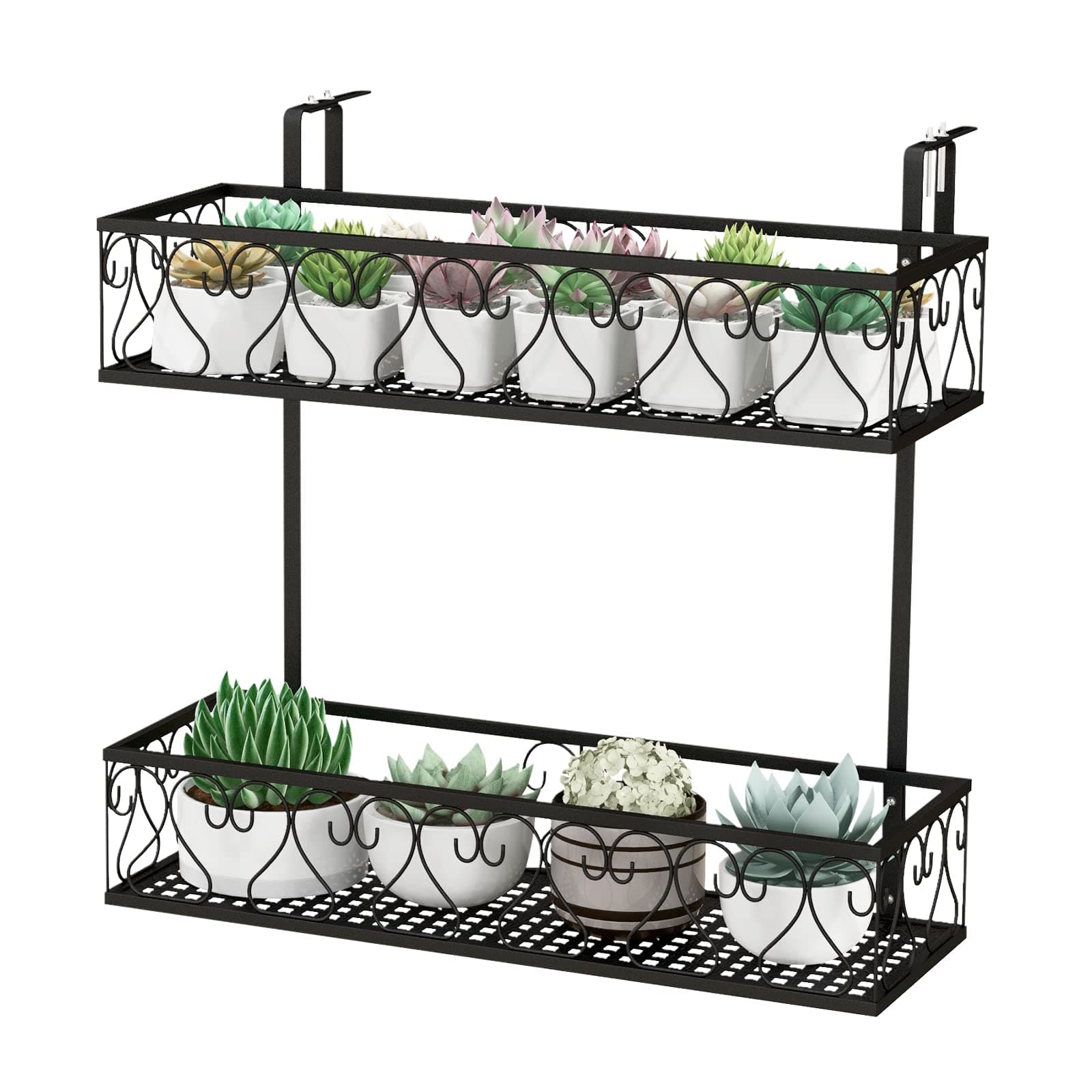 Giantex Balcony Flower Pot Stand Rack w/ Adjustable Hooks & 2 Planter Baskets , Patio Railing Shelf Plant Pots Holder, Metal Hanging Planter for Outdoor Windows Porch Fence