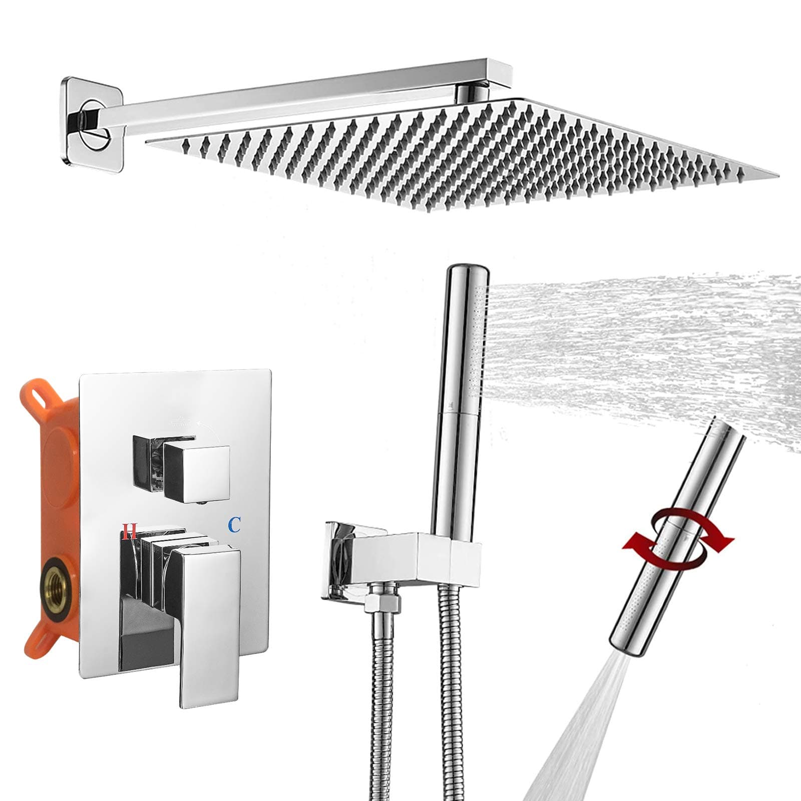 BESy Shower System with 12 Inch Rain Shower Head and Handheld Wall Mounted, High Pressure Rainfall Shower Faucet Fixture Combo Set with 2 in 1 Handheld Showerhead for Bathroom, Polished Chrome