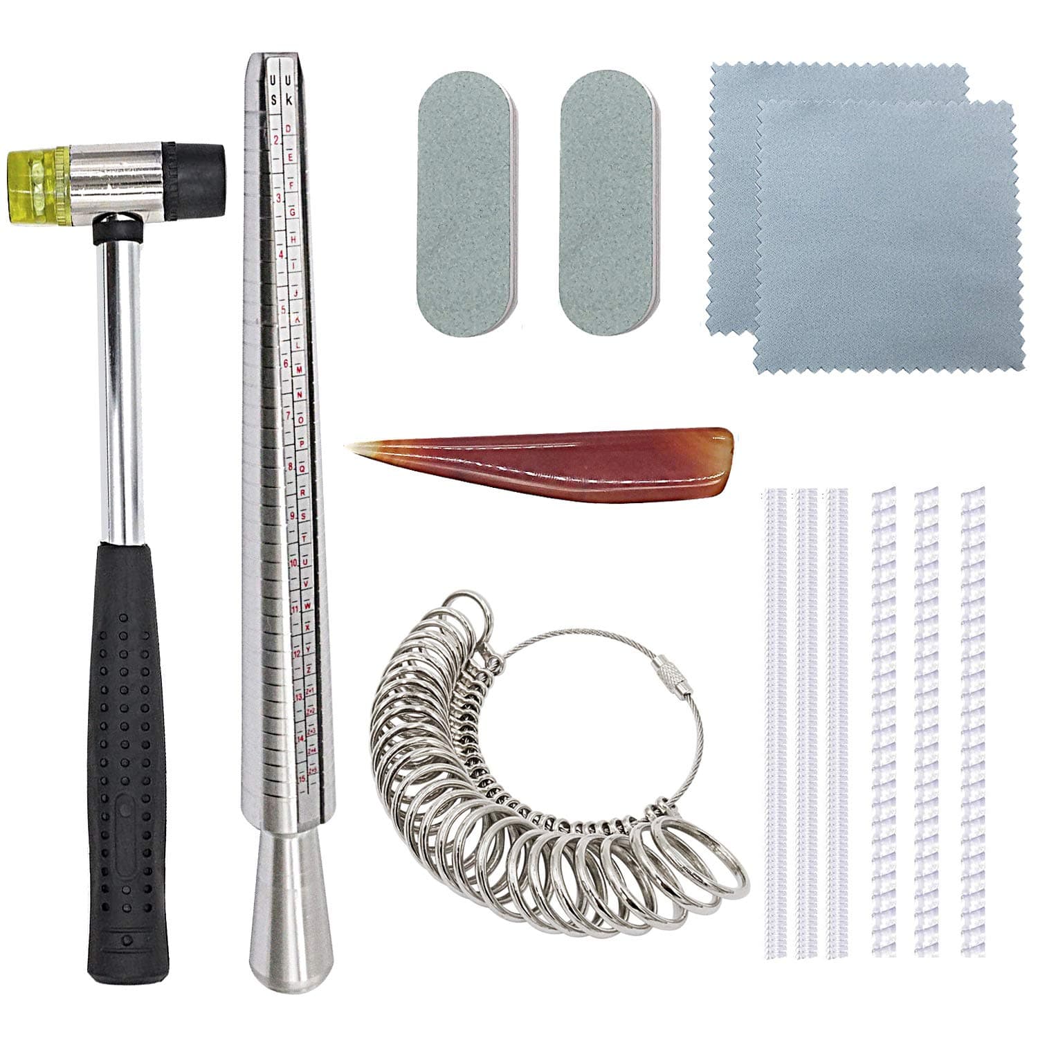 Ring Sizer Mandrel Set Jewellery Making Tools Including Jeweler's Rubber Hammer,Finger Sizer Gauge UK Size A-Z,Ring Mandrel,Polishing Cloth,Agate Burnisher