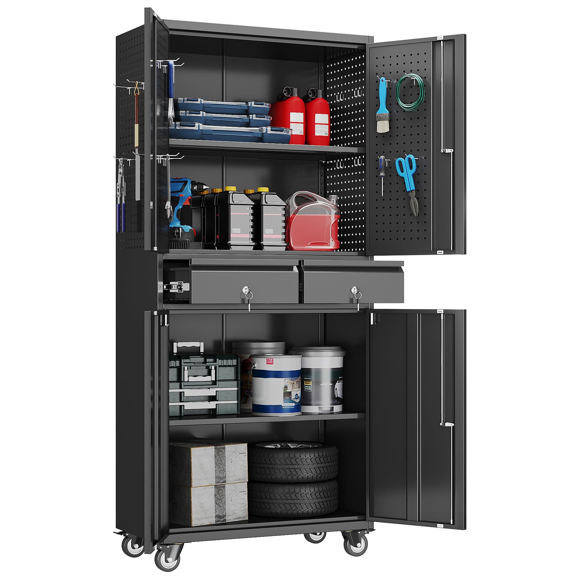 Metal Garage Storage Cabinet with Locking Doors and 2 Adjustable Shelves, Rolling Tool Storage Cabinet with 4 Wheels and 2 Drawer for Garage, Warehouse, Black, Assembly Required