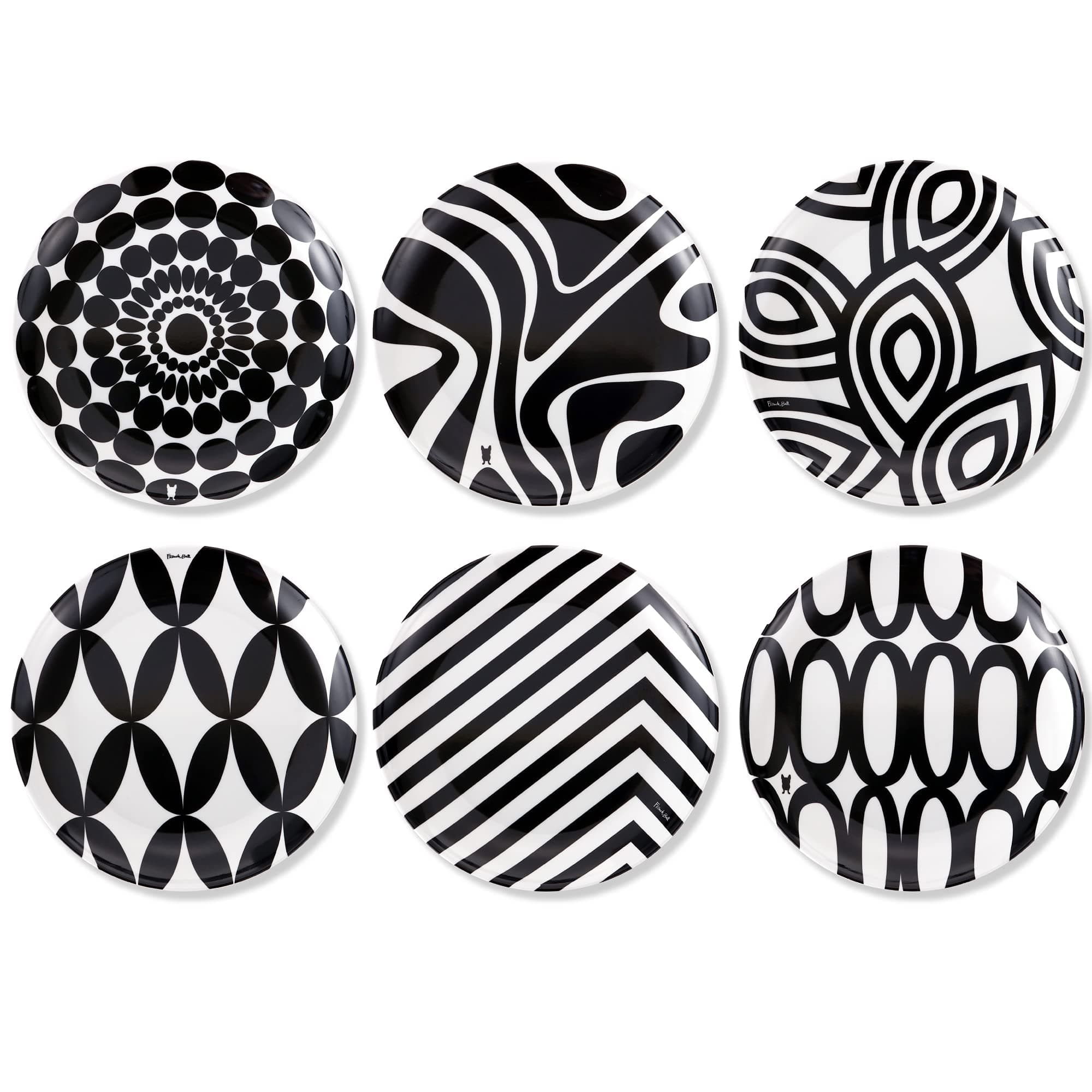 Melamine Assorted Plates-6 Piece Set -Melamine Dinnerware-Platter, Serving, Party, Platter, Dish (6" Appetizer Plate, Black & White)