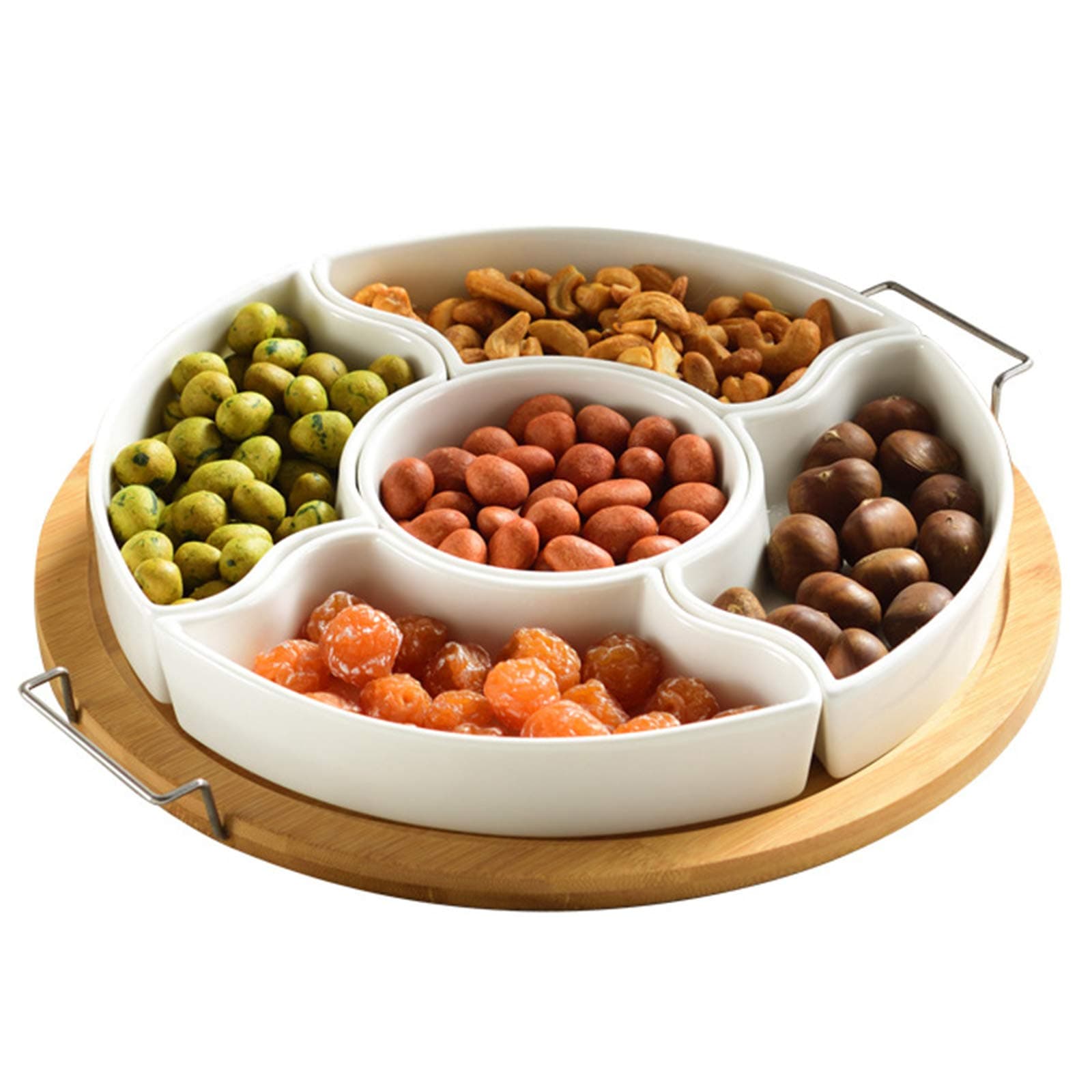 11 Inch Ceramic Divided Serving Dishes with Bamboo Platter, Appetizer Tray 5 Removable Snacks Bowls for Candy and Nut, Chips and Dips, No Lid Included